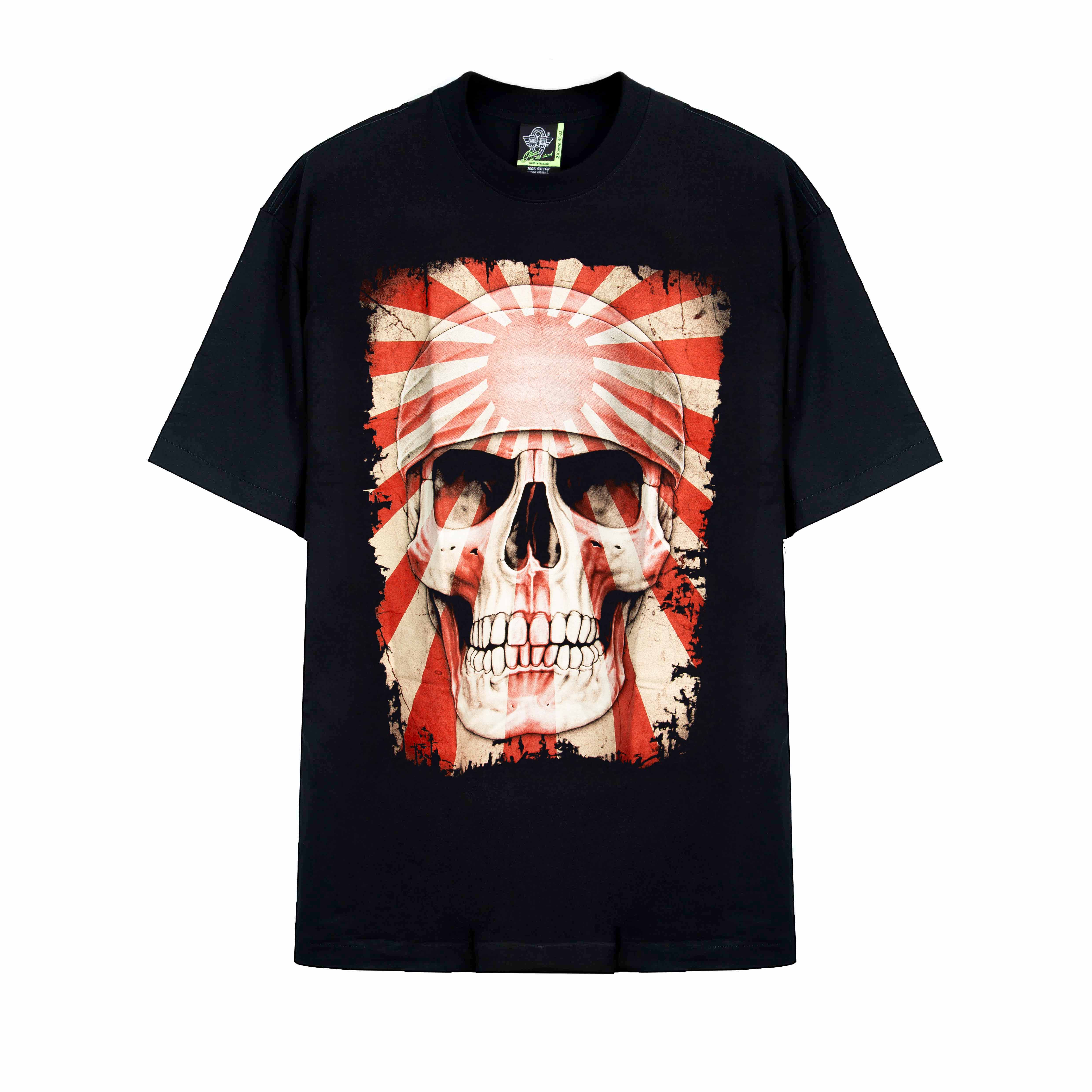 Rock Eagle black unisex t-shirt with a distressed graphic of a skull wearing a Rising Sun-patterned helmet or headband against a red and white rising sun background.