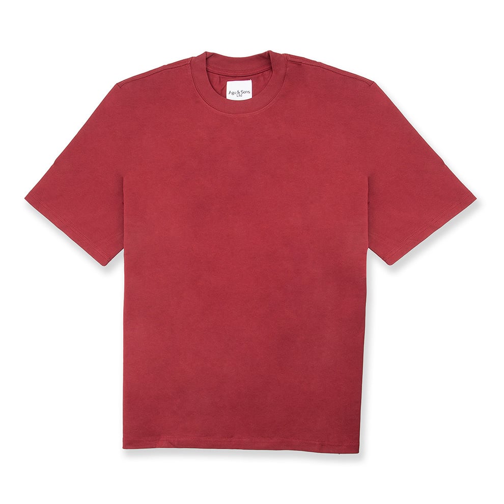 Maroon t-shirt with large astronaut waving graphic. Space exploration tee.