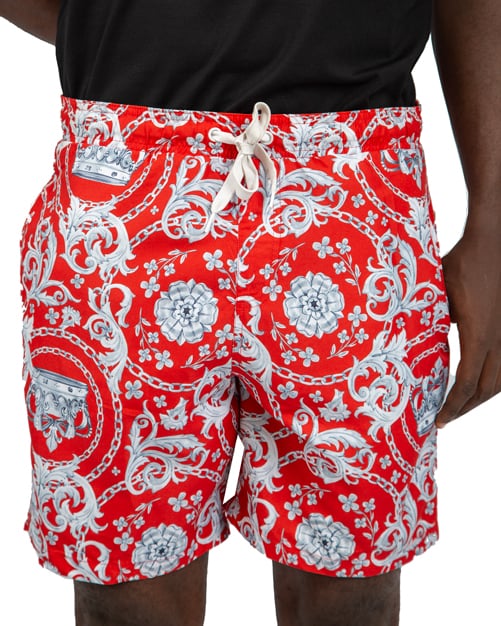 Men's Red Baroque Print Beach Shorts | Designer Swim Shorts
