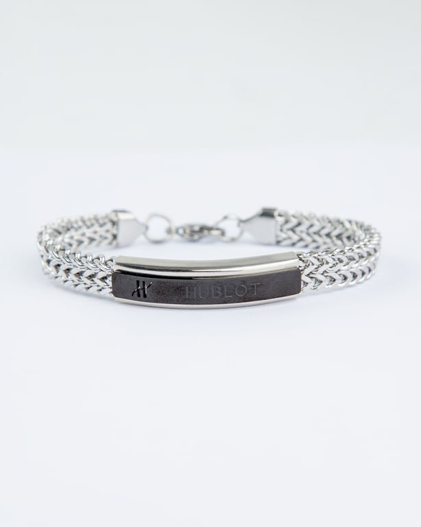 Hublot Stainless Steel Link Bracelet, Silver Steel, Black Logo Plate, Men's Accessory