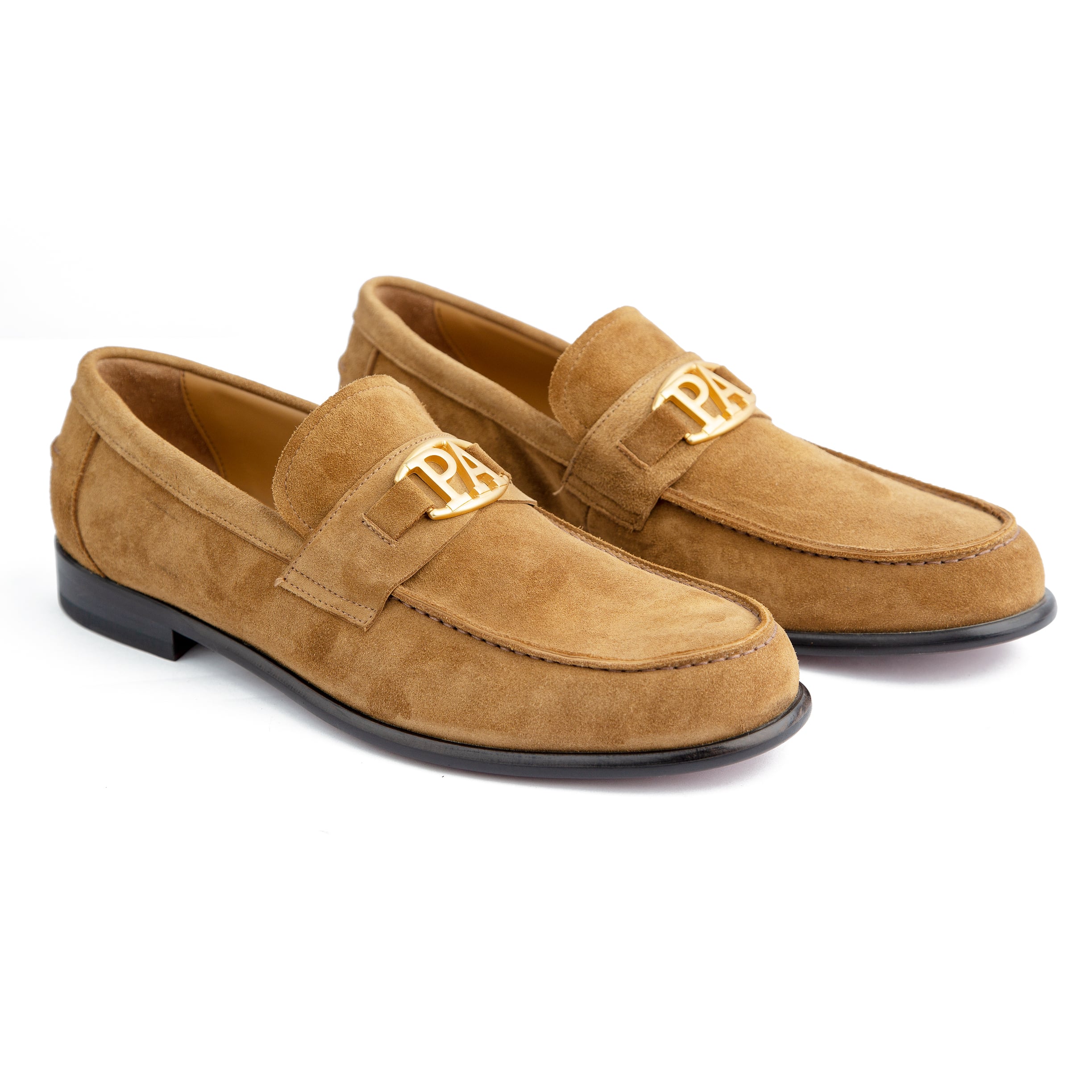 Men's Tan Suede Loafers with Gold Monogram Accent - Premium Quality