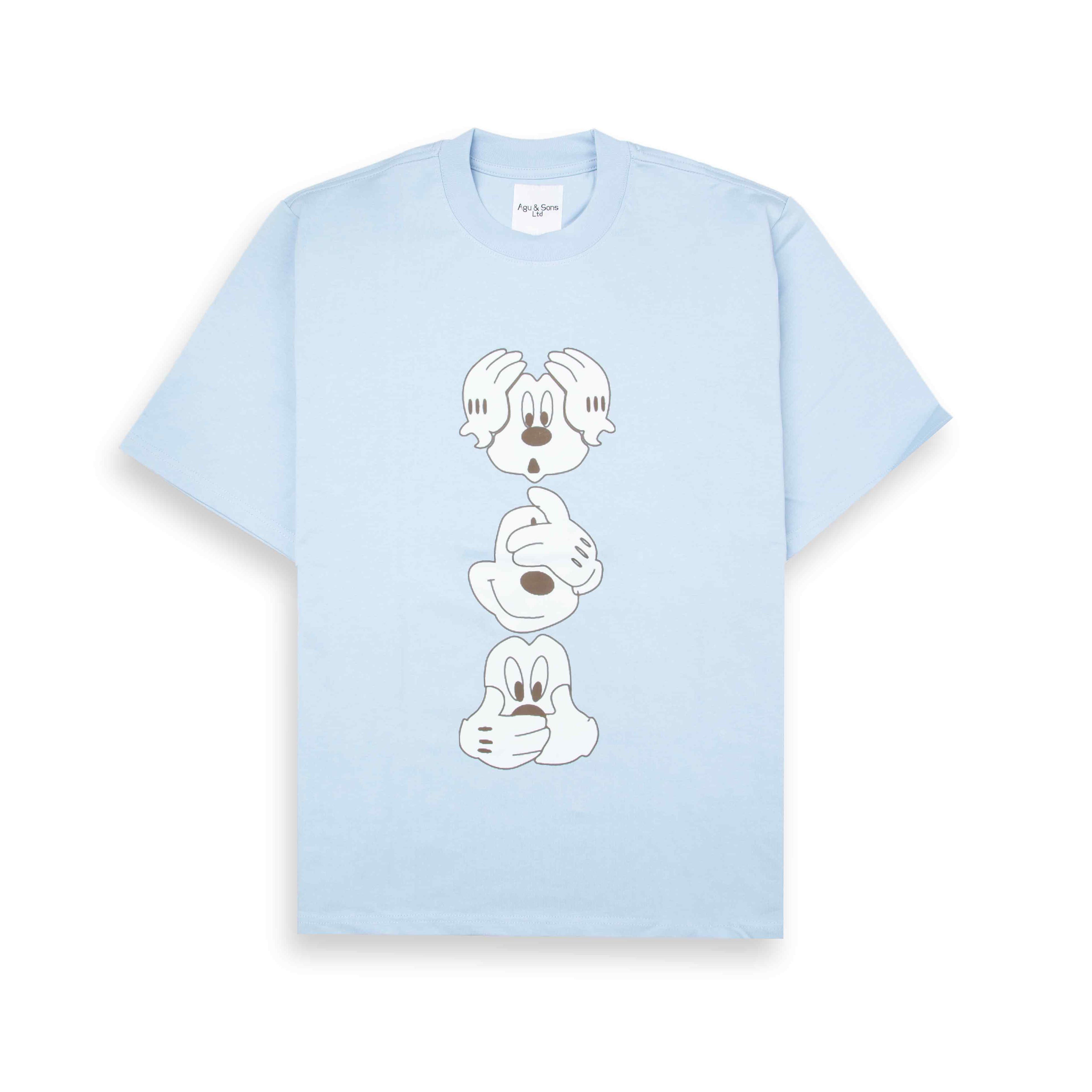 Light blue t-shirt with Mickey Mouse "See No Evil" graphic.