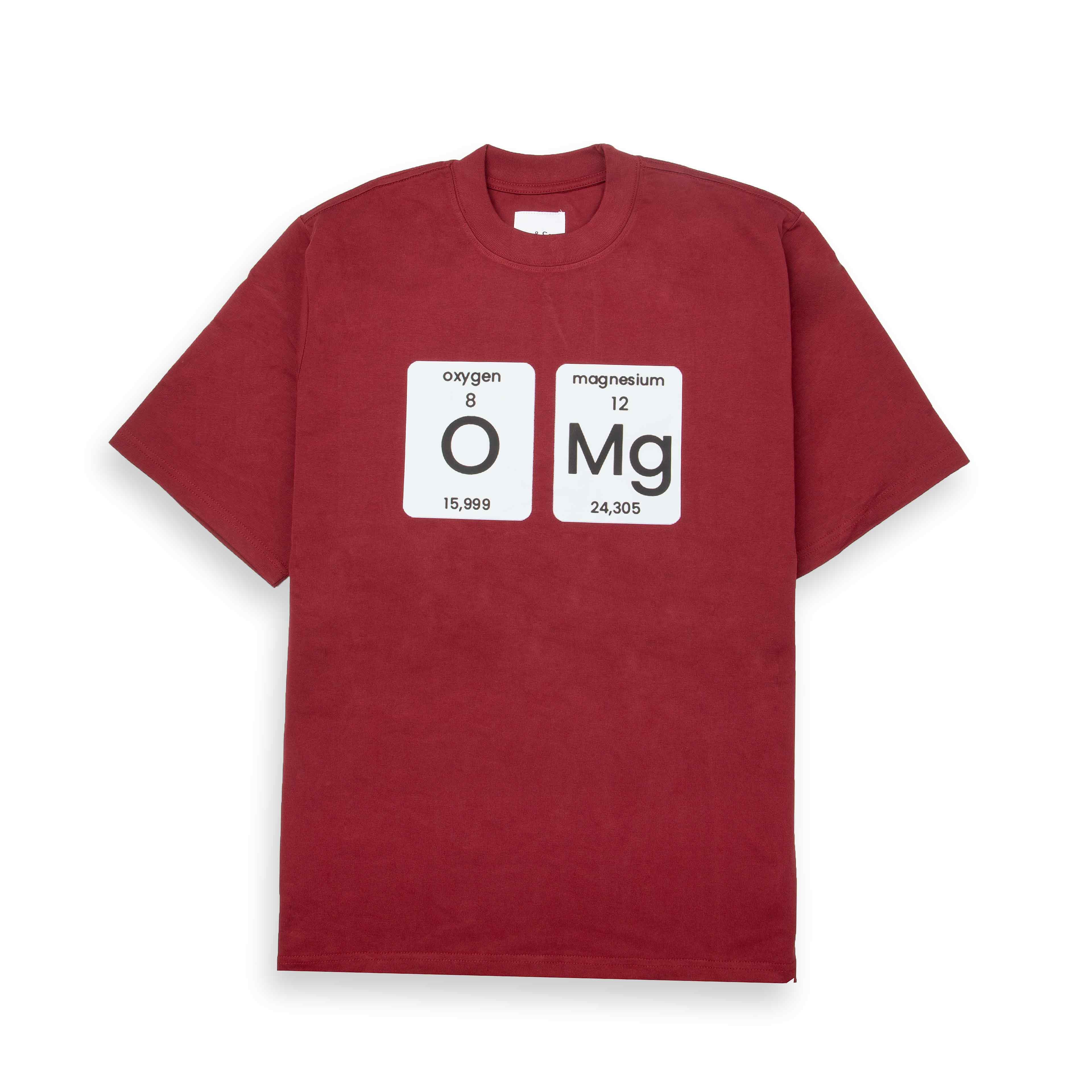 Maroon t-shirt with "OMG" periodic table element graphic. Funny science tee.
