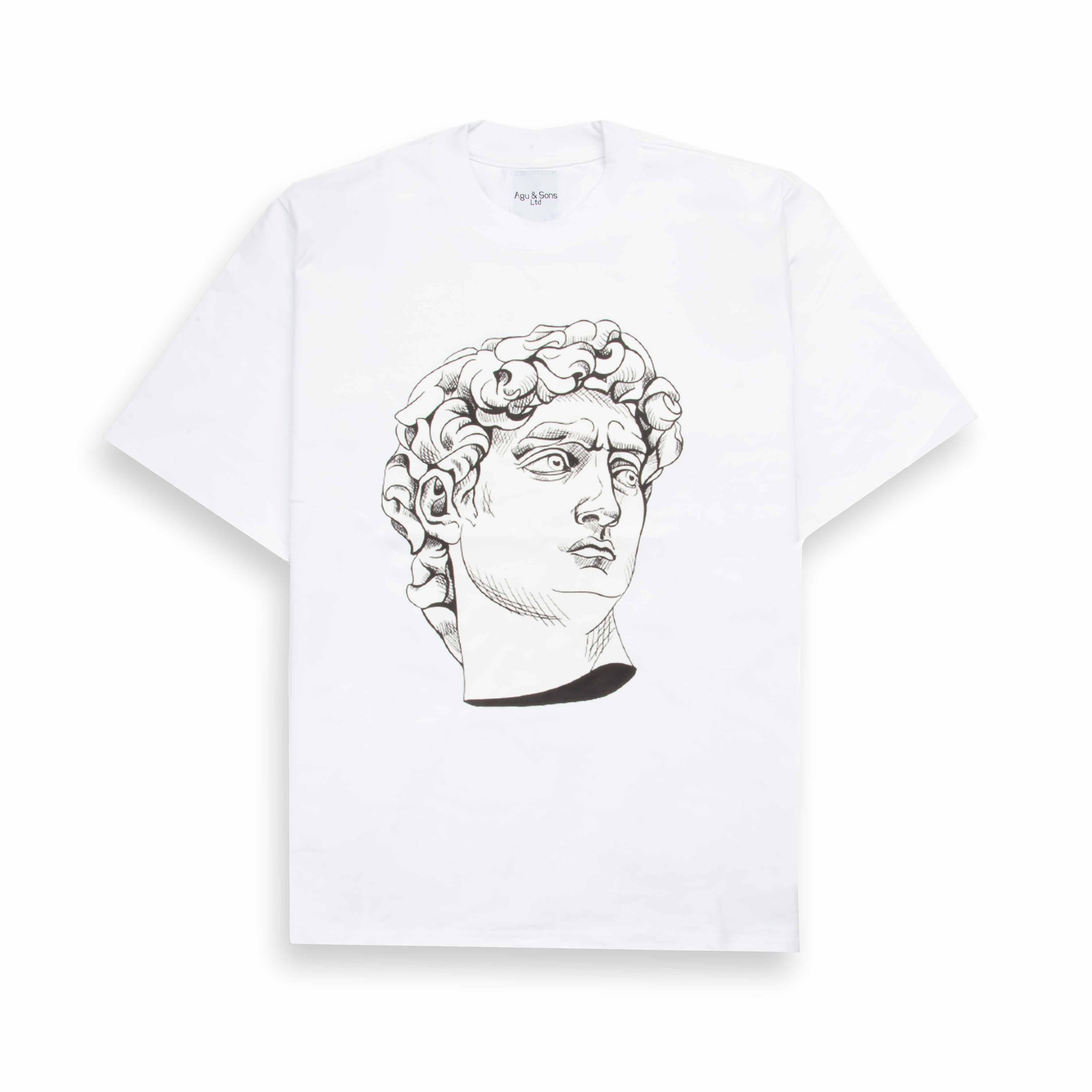 White t-shirt with black David head graphic. Renaissance art tee.