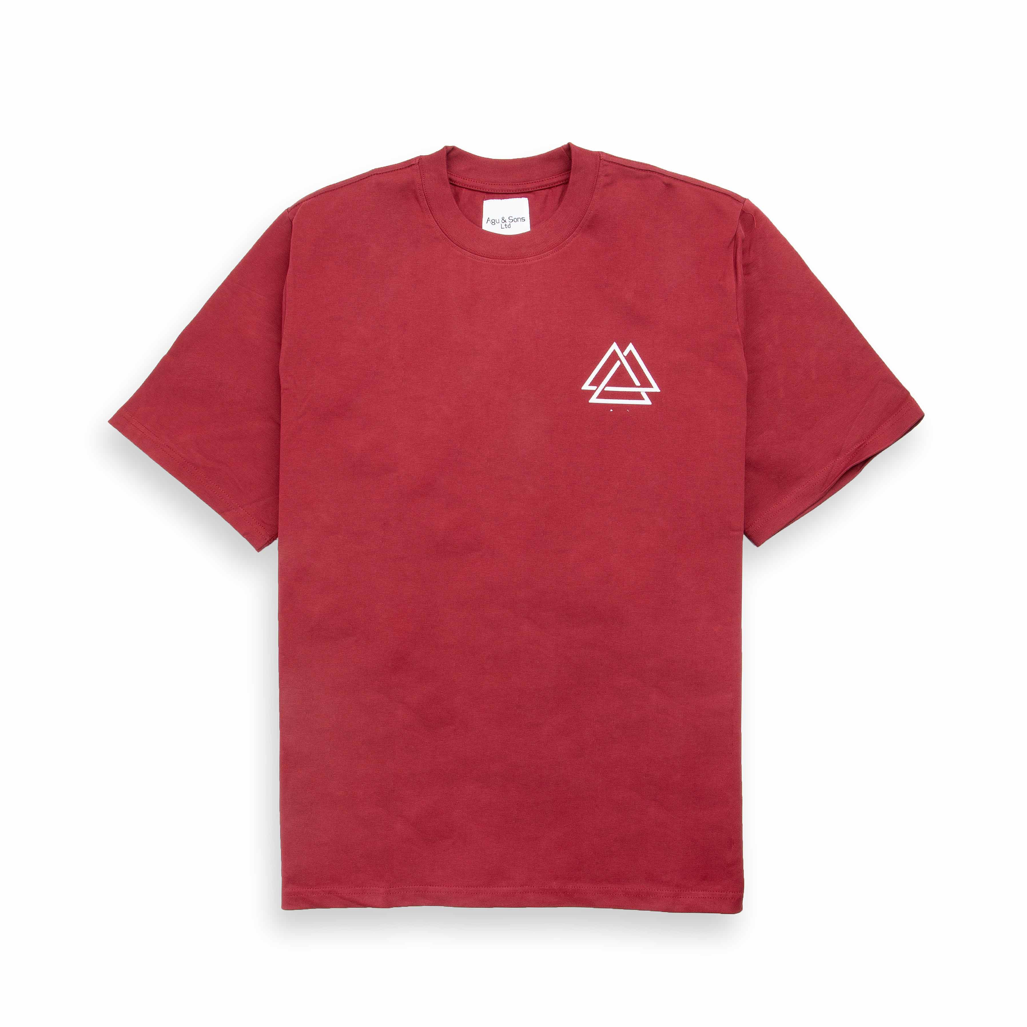 Agu & Sons maroon t-shirt with minimalist triangle graphic.