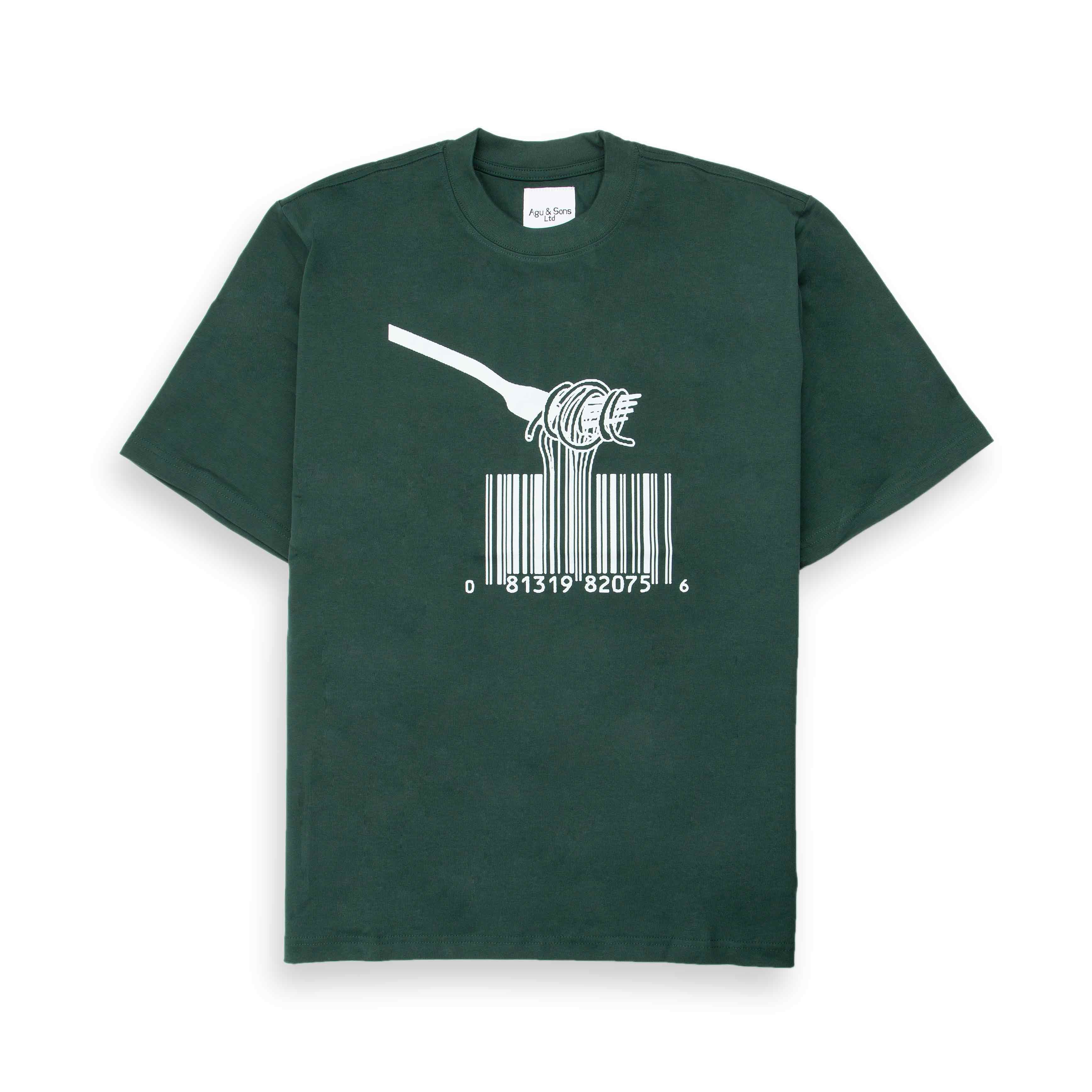 Dark green Agu & Sons t-shirt with a white spaghetti barcode graphic.