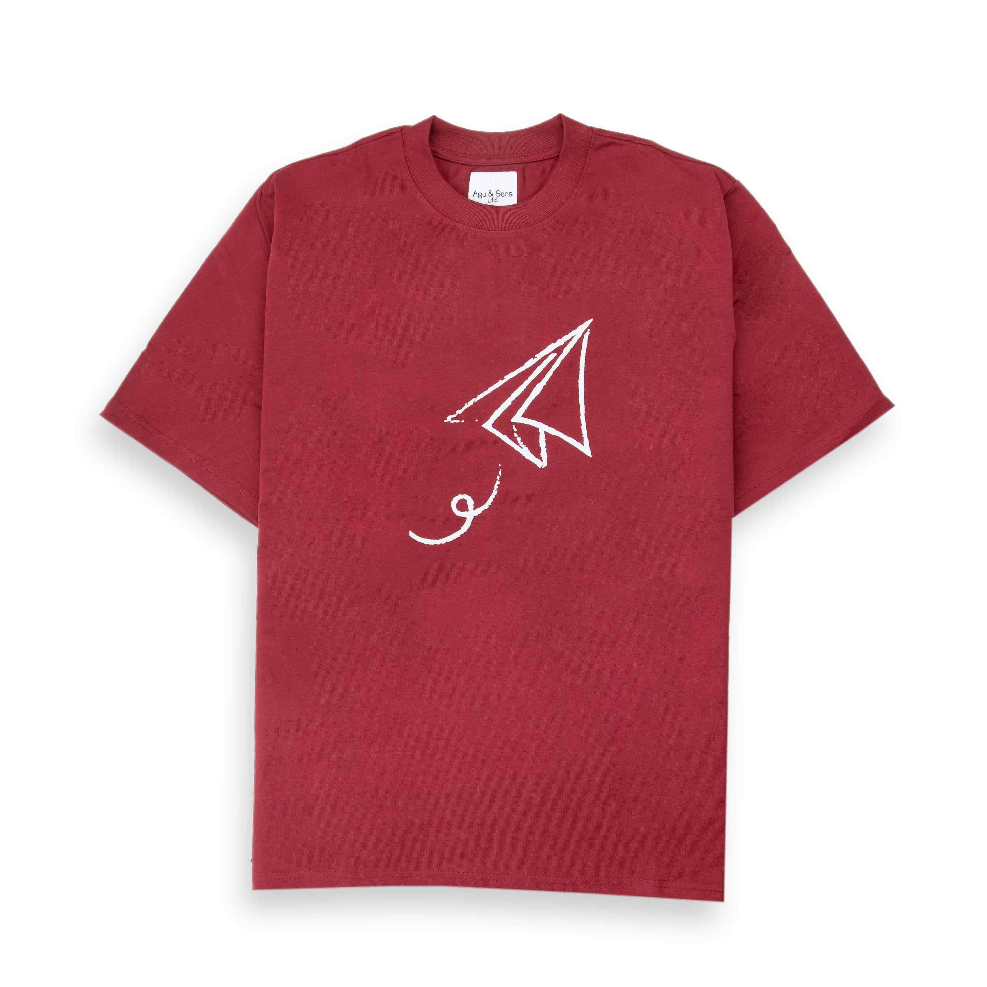Maroon t-shirt with white paper plane graphic. Minimalist tee.