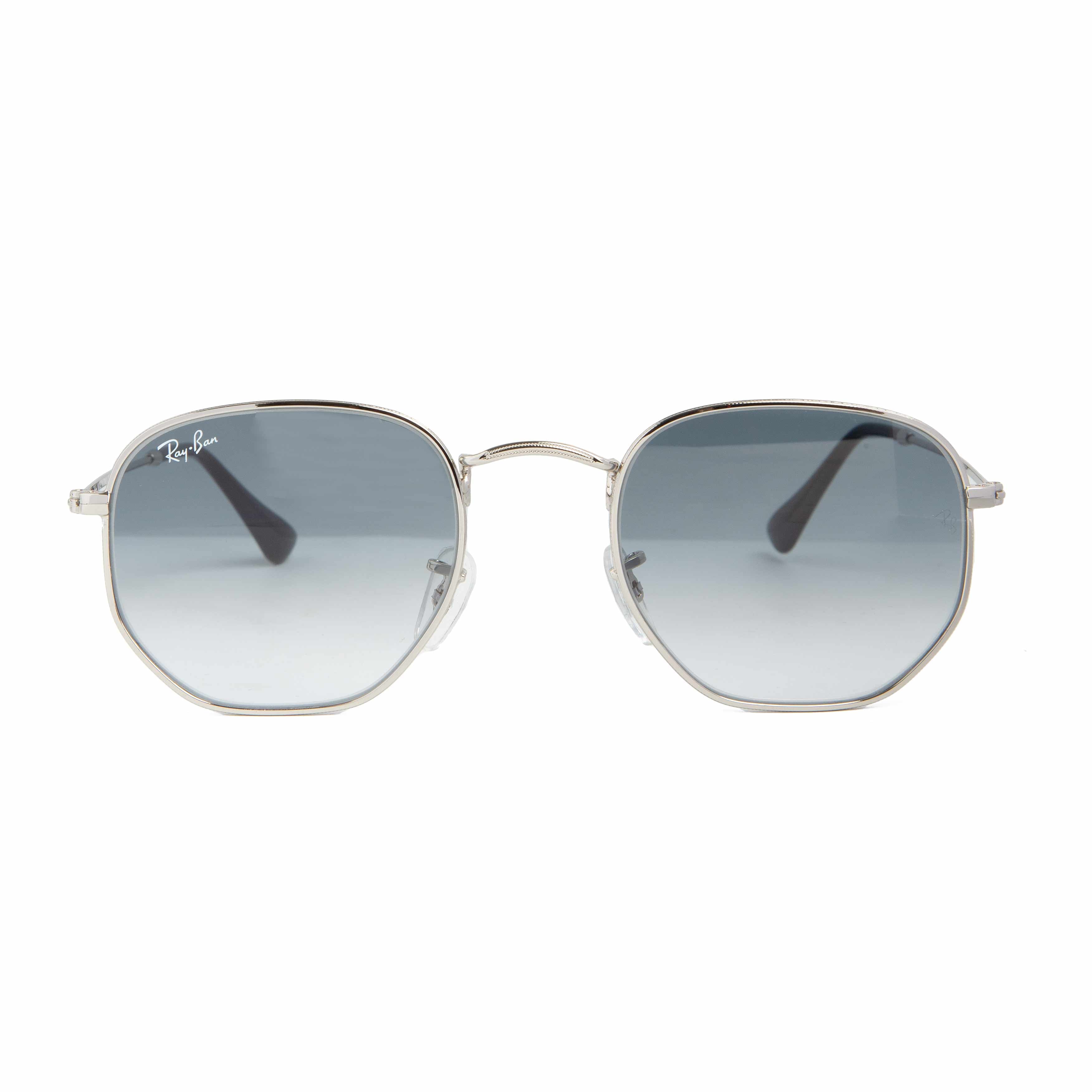 Ray-Ban Hexagonal Sunglasses with Silver Frame and Blue-Grey Gradient Lenses, Modern Geometric Unisex Design.
