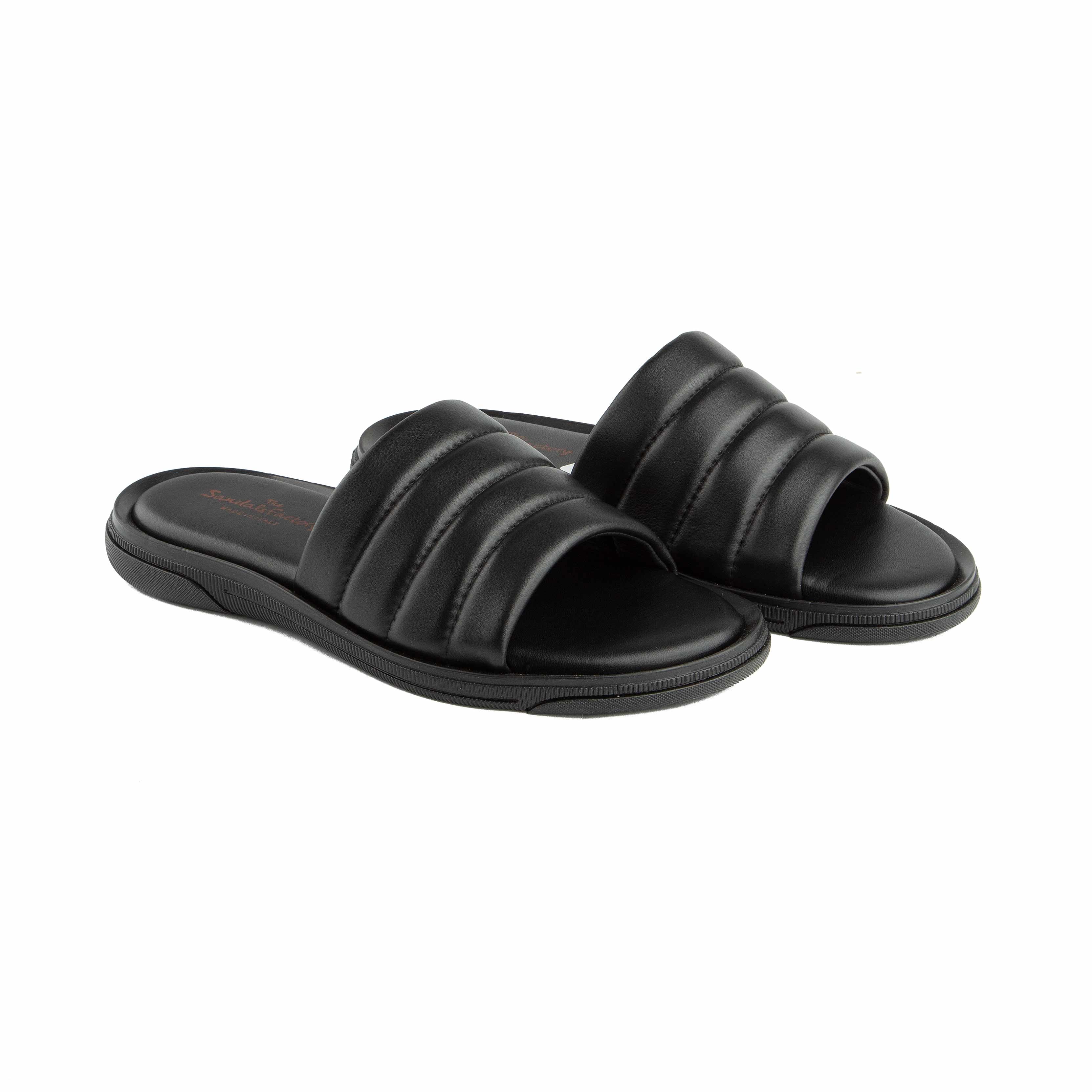 Stylish black padded strap slide sandals. Modern, comfortable, and versatile for men and women. Perfect for casual wear.