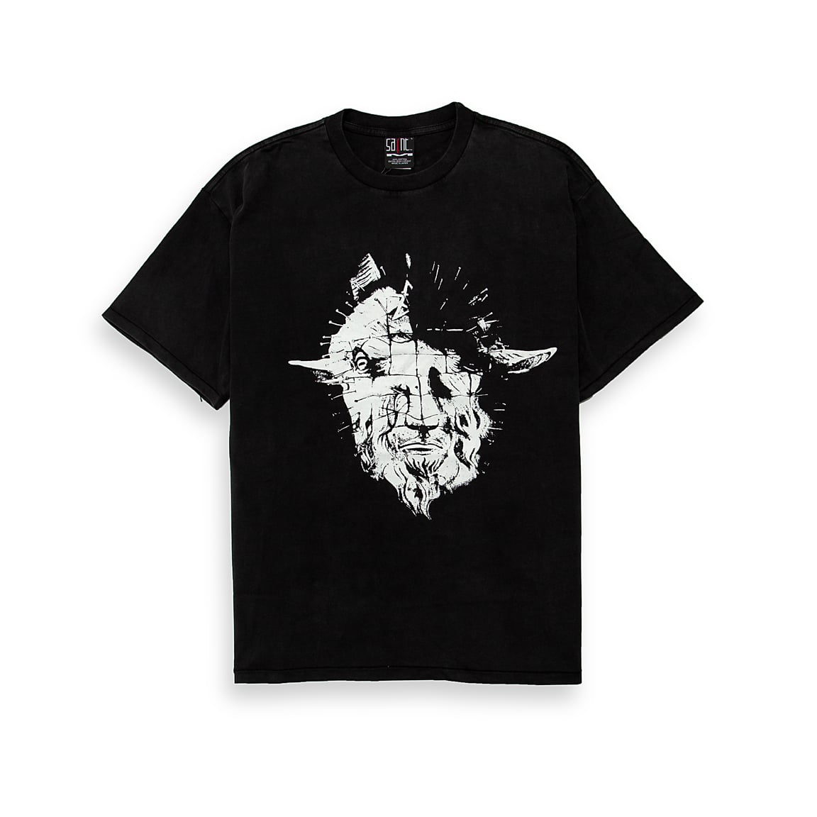 This is a relaxed-fit, short-sleeve t-shirt featuring a striking black and white graphic print.