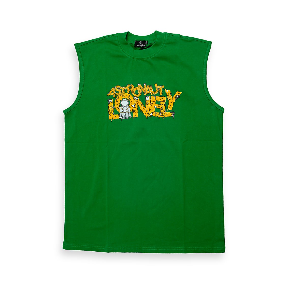 A vibrant, comfortable sleeveless t-shirt featuring a playful, hand-drawn style graphic that spells out "ASTRONAUT LONELY".