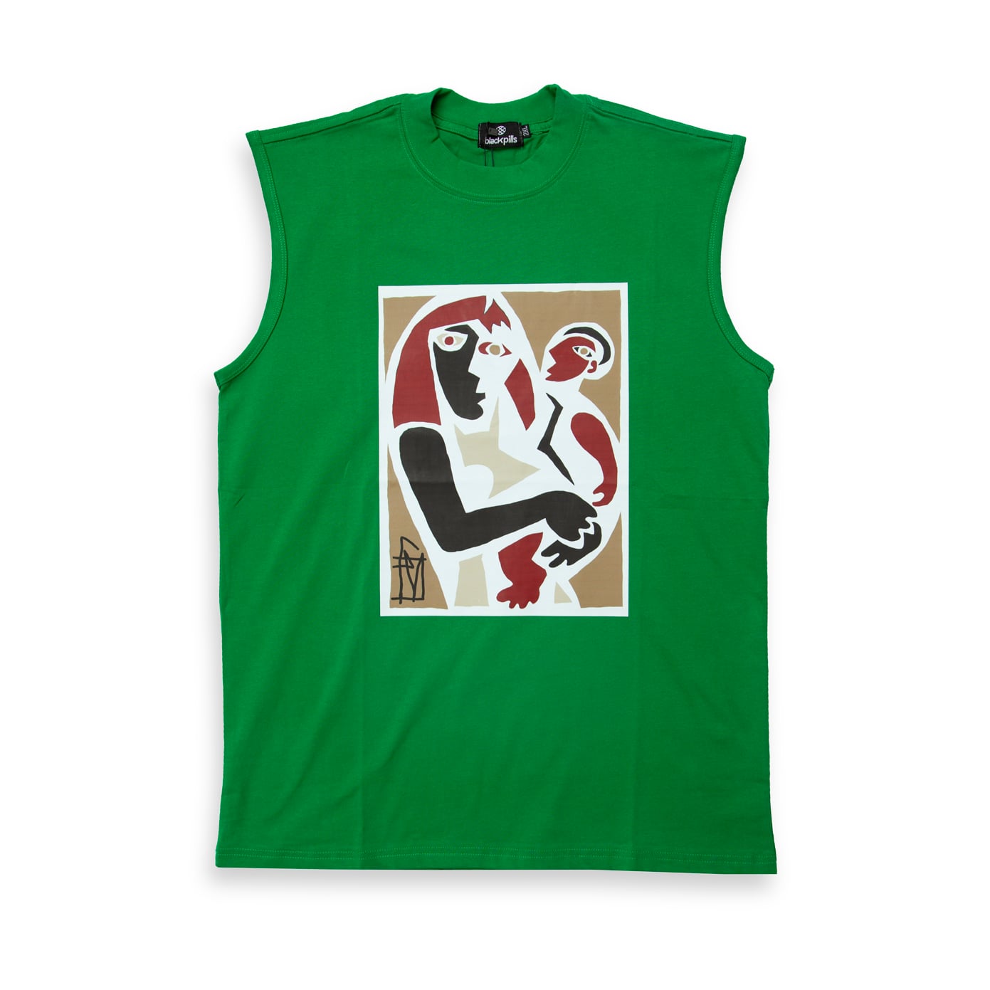 This is a vibrant, sleeveless t-shirt featuring a distinctive graphic print inspired by the Cubist art style, reminiscent of works like Pablo Picasso's "Mother and Child" series.
