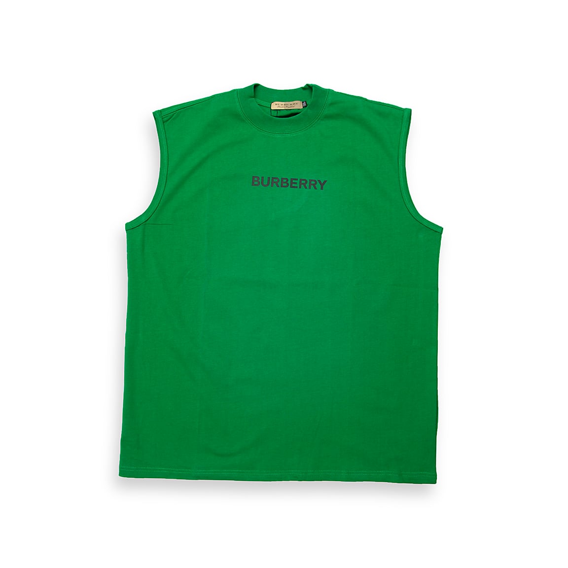 Bright Green Burberry sleeveless t-shirt with black logo print on chest, premium cotton designer vest top, unisex.