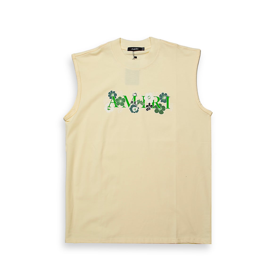 This is a premium, fashion-forward sleeveless t-shirt or tank top, featuring the brand name AMIRI embroidered or printed across the chest.