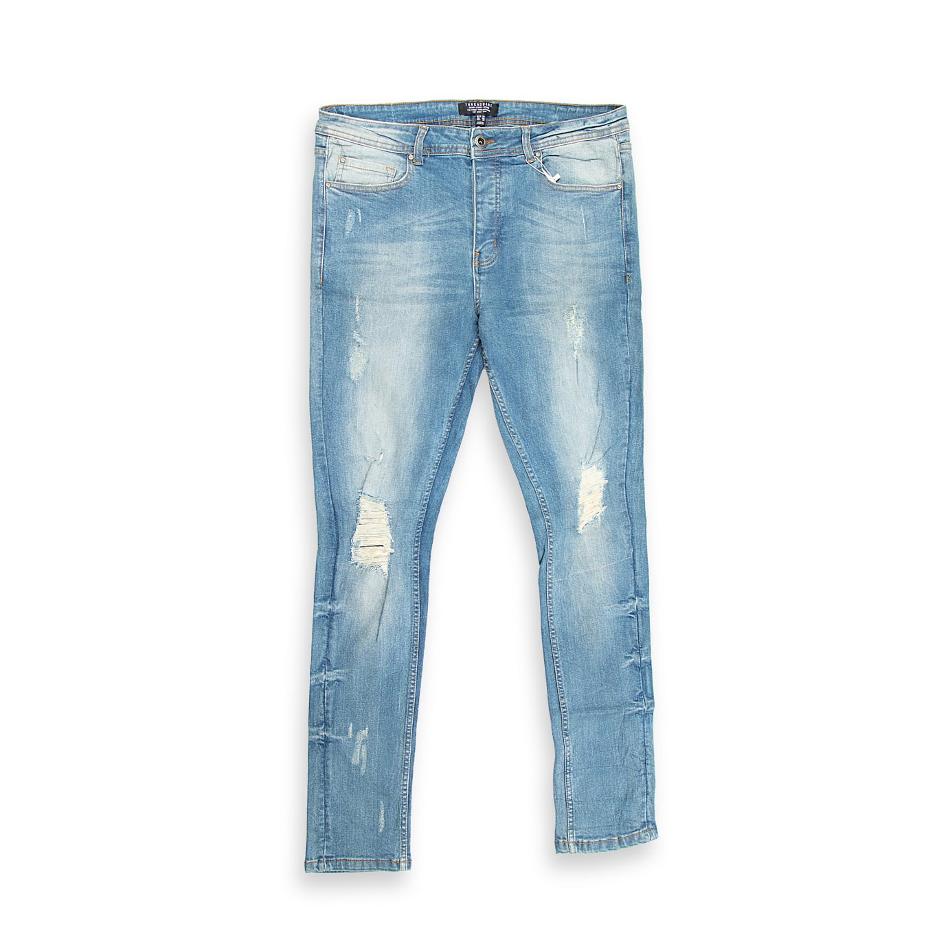 These are skinny-fit denim jeans featuring a light blue wash with a vintage, slightly faded appearance.