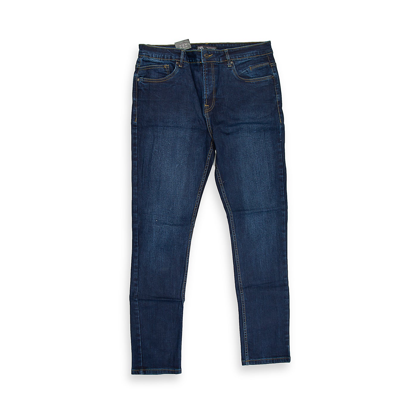 A classic and versatile pair of men's slim-fit jeans in a rich, dark indigo wash. These jeans feature the traditional five-pocket styling, a button closure, and a zip fly.