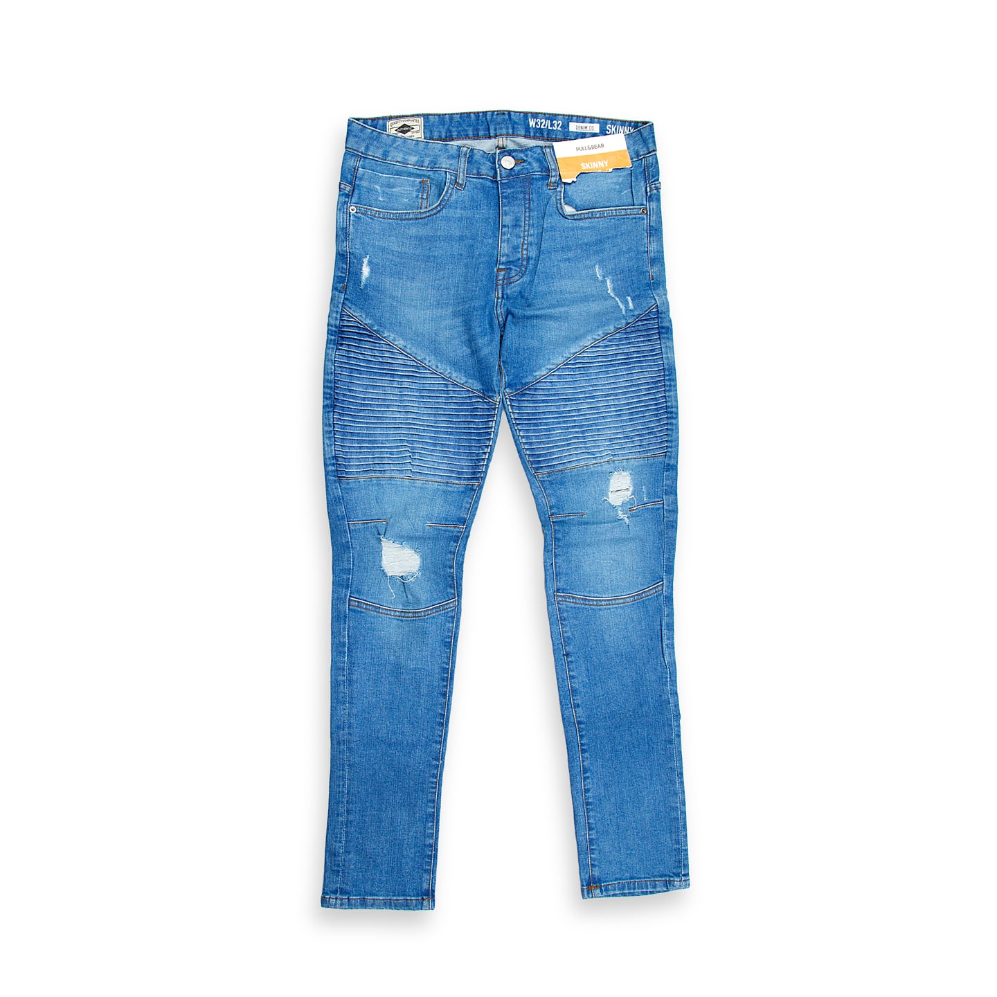 These contemporary skinny-fit jeans blend urban edge with everyday comfort. Crafted from a medium-wash stretch denim, they feature distinctive moto-style ribbed paneling across the upper thigh and knee, giving them a rugged biker look. 