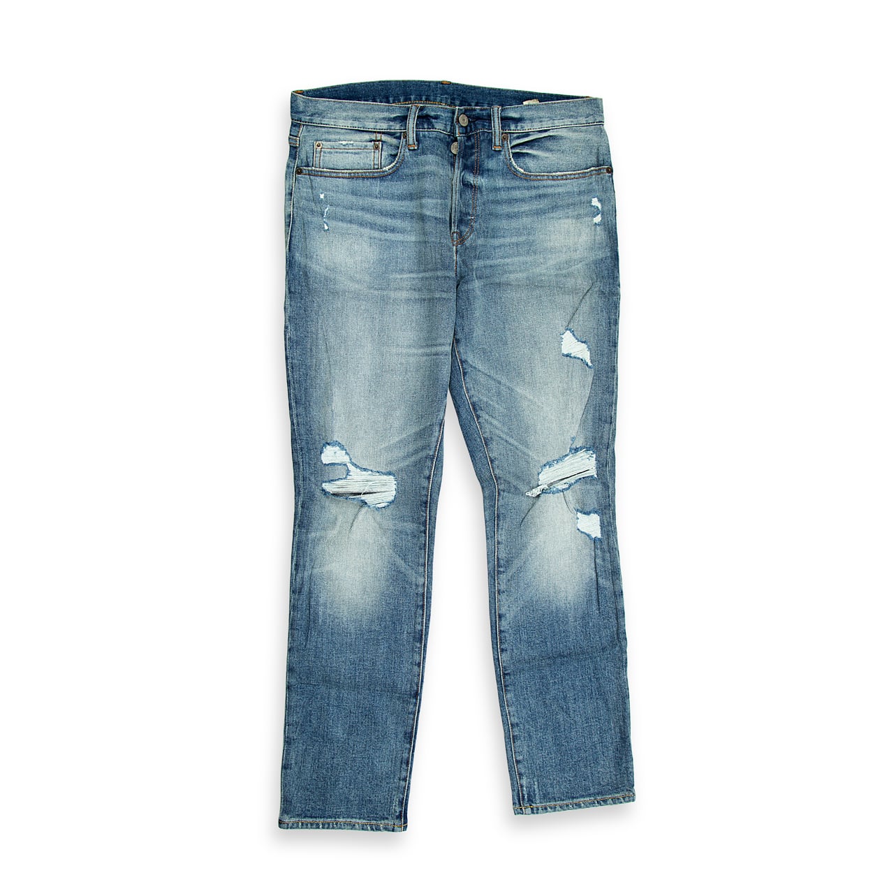 These versatile jeans are designed for all-day comfort and effortless style. Featuring a classic medium blue wash with natural fading and whiskering, they offer a casual, worn-in appearance.