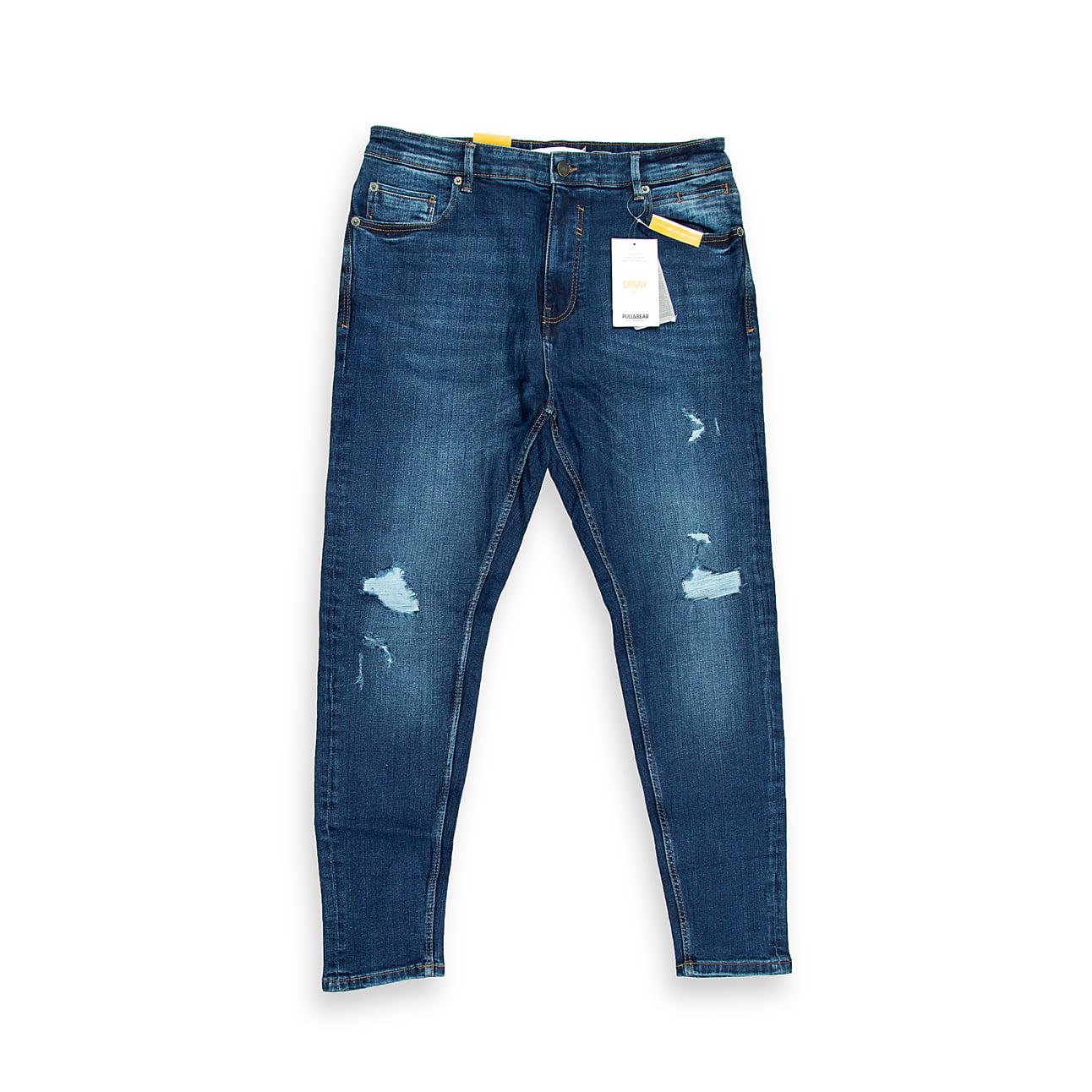 These modern slim-fit jeans are perfect for a smart-casual or evening look. They feature a rich, dark indigo blue wash with subtle natural whiskering and fading concentrated around the thighs.