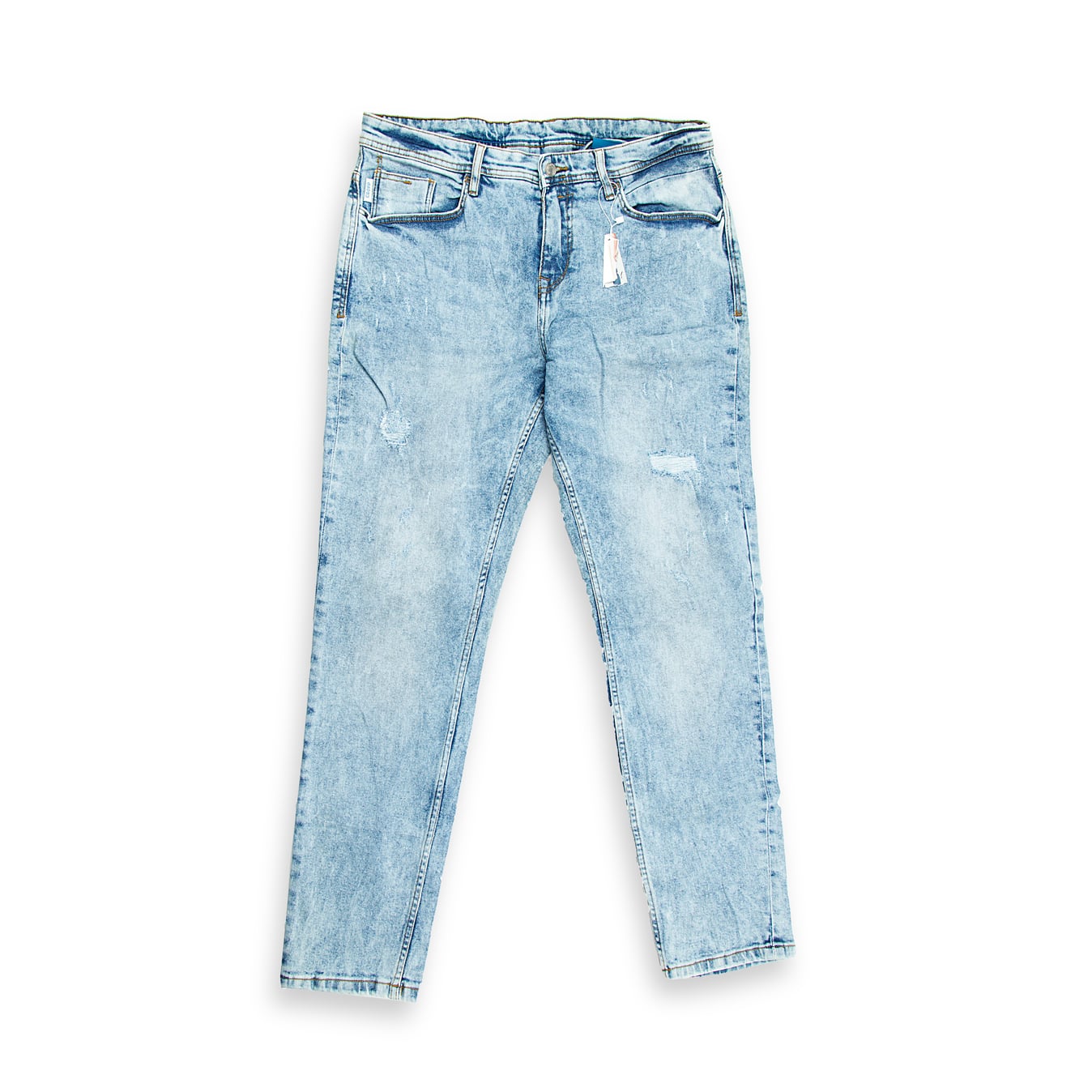 These are a pair of tapered-fit jeans defined by their distinct light acid wash or "snow wash" effect. The fabric has a heavily faded, streaky, and almost marbled appearance, reminiscent of 1980s and 1990s denim trends.
