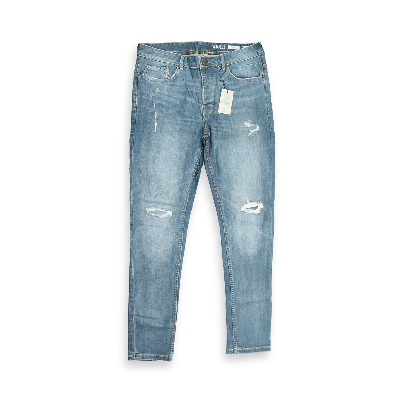 These are a pair of slim-fit denim jeans in a contemporary mid-blue wash. The denim features subtle fading and light whiskering, giving them a slightly broken-in look.