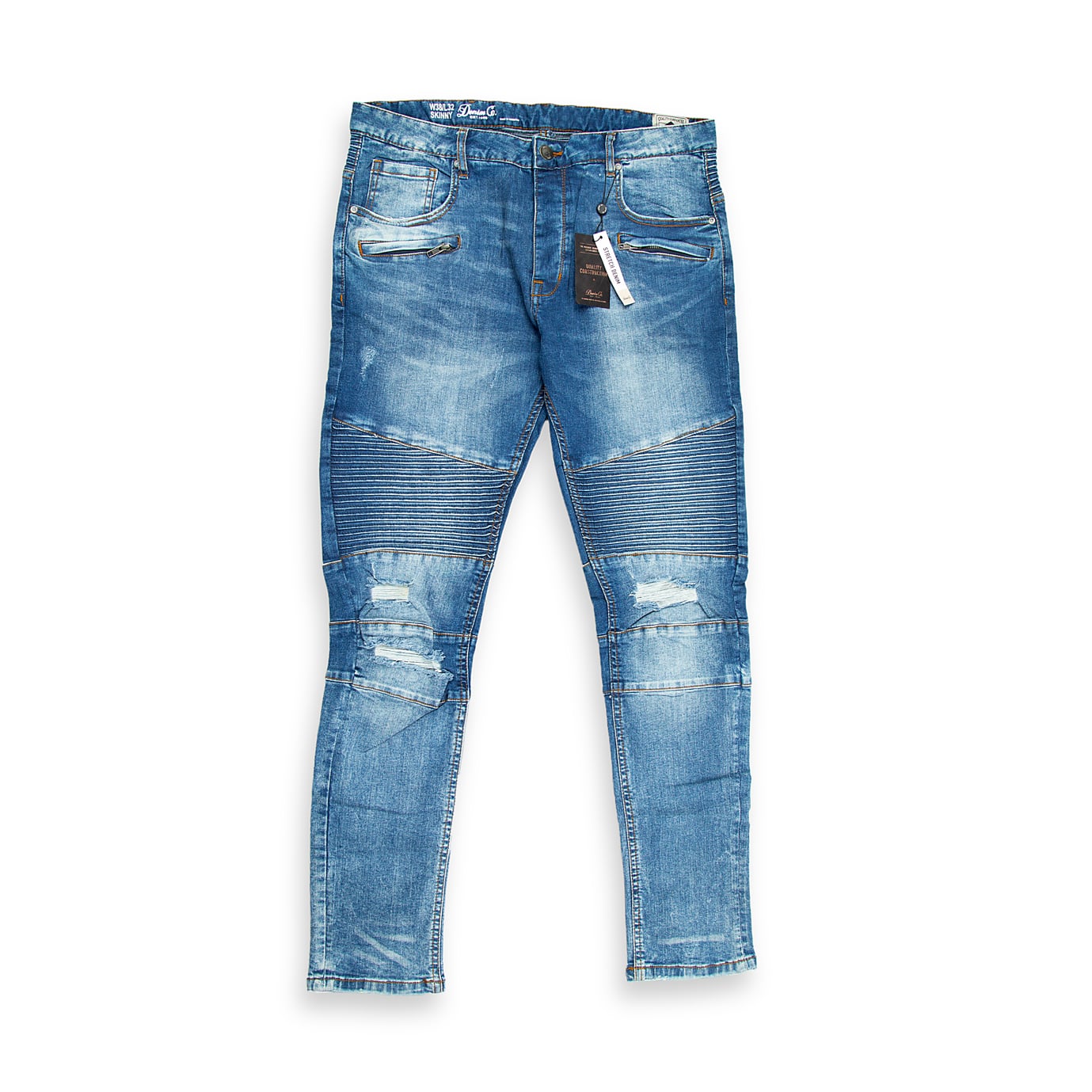 These are a pair of slim-fit moto jeans in a medium-blue wash with natural fading and whiskering across the front.