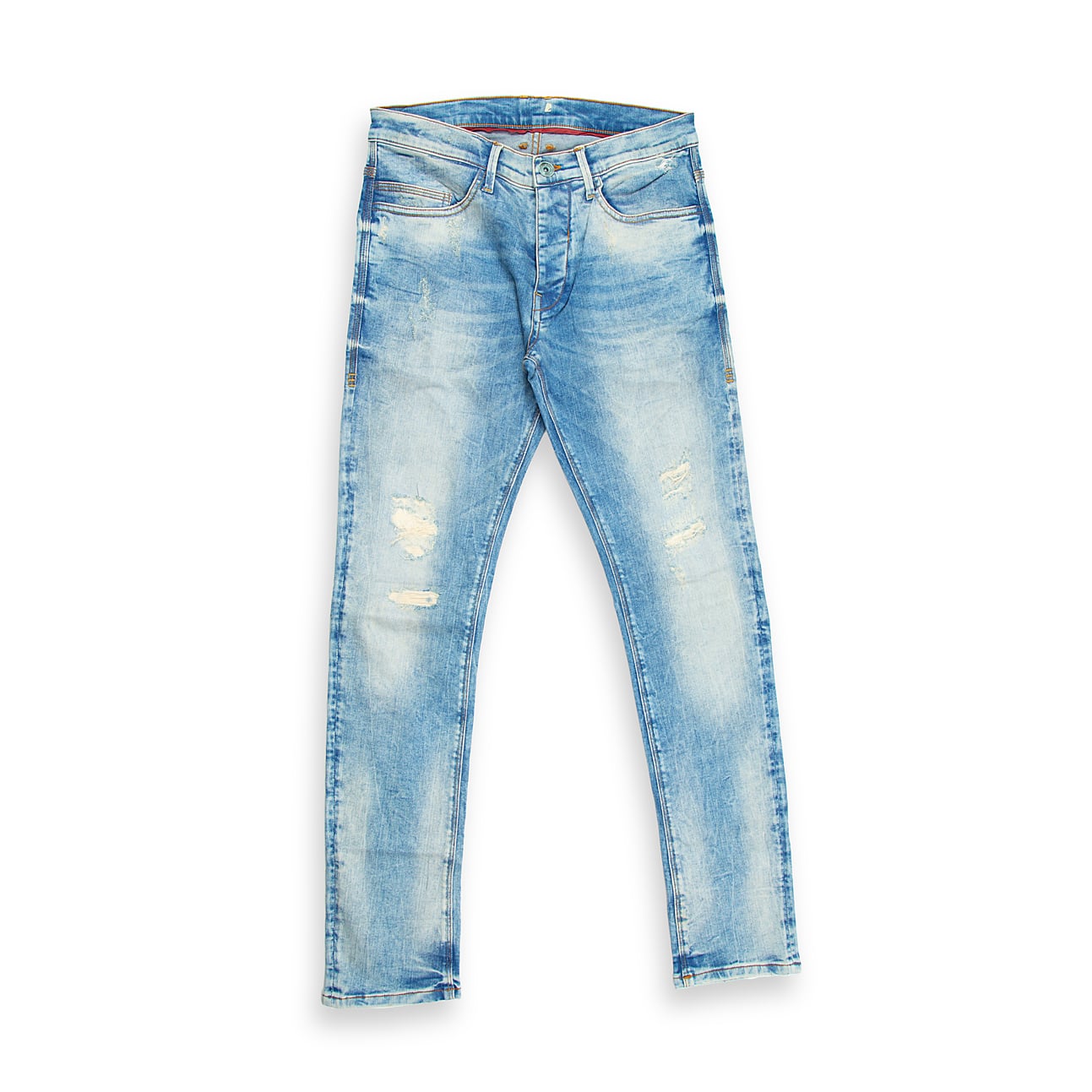 These striking skinny-fit jeans are designed for a bold, fashion-forward statement. Featuring a distinct light blue, acid-wash finish, they offer a highly faded and worn-in look right off the shelf.