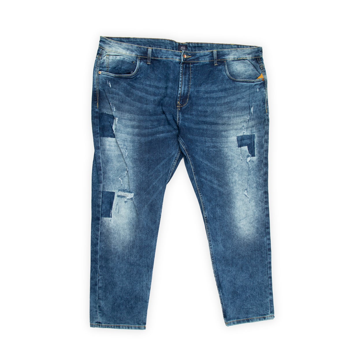 A fashionable and comfortable pair of men's jeans, specifically cut for plus-sizes indicated by the wider waistband and overall silhouette.