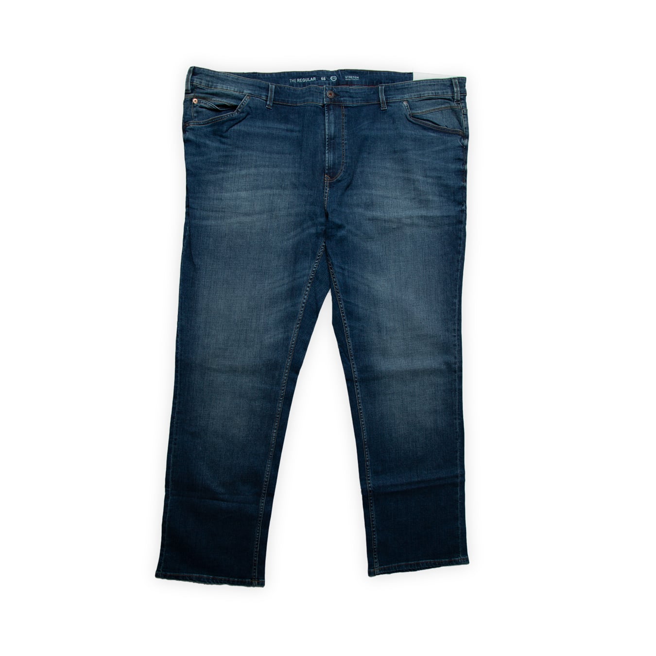 They feature a classic medium-blue wash with subtle, even fading across the thigh and seat.