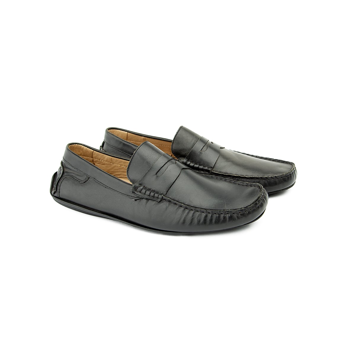 The Midnight Drive Loafer is a sophisticated, classic men's slip-on shoe. It features a traditional penny loafer silhouette with a soft, supple black leather construction, ideal for comfortable, elegant wear.