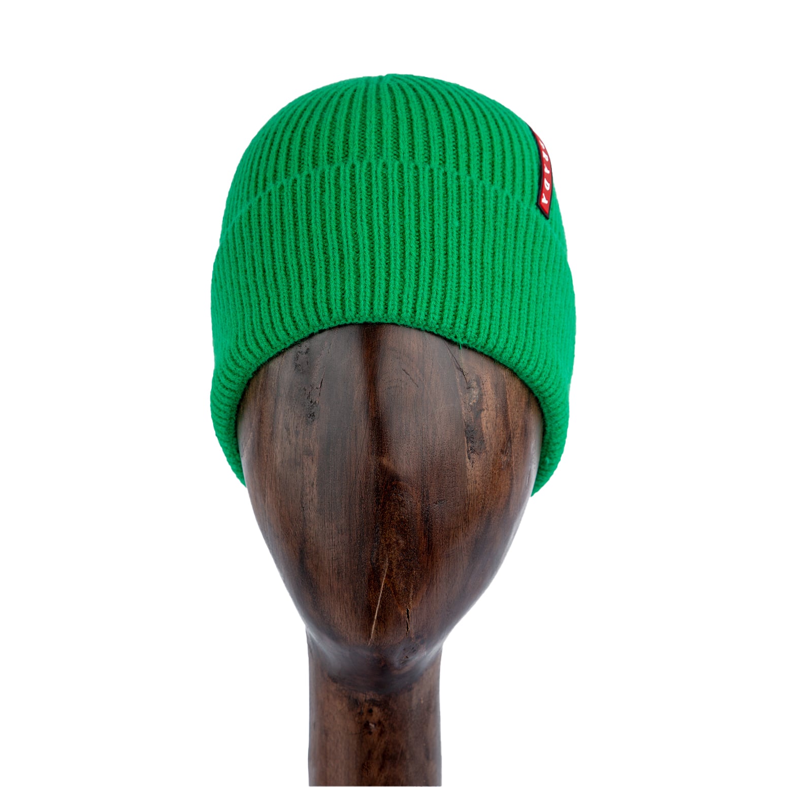 Ribbed Knit Wool Beanie Head warmer in bright green with red logo tag, perfect for stylish winter warmth.