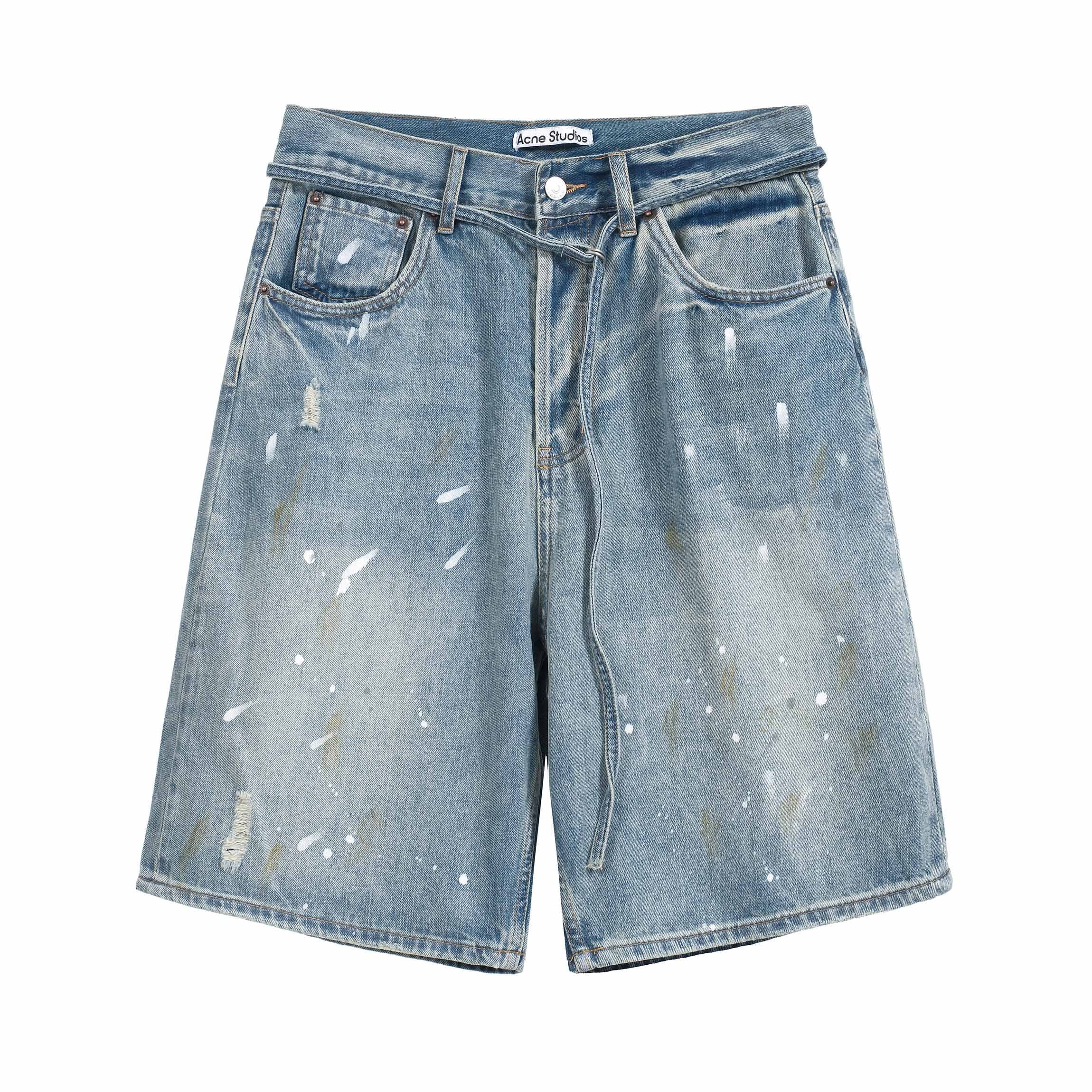 Acne Studios Light Blue Distressed Paint-Splatter Denim Shorts