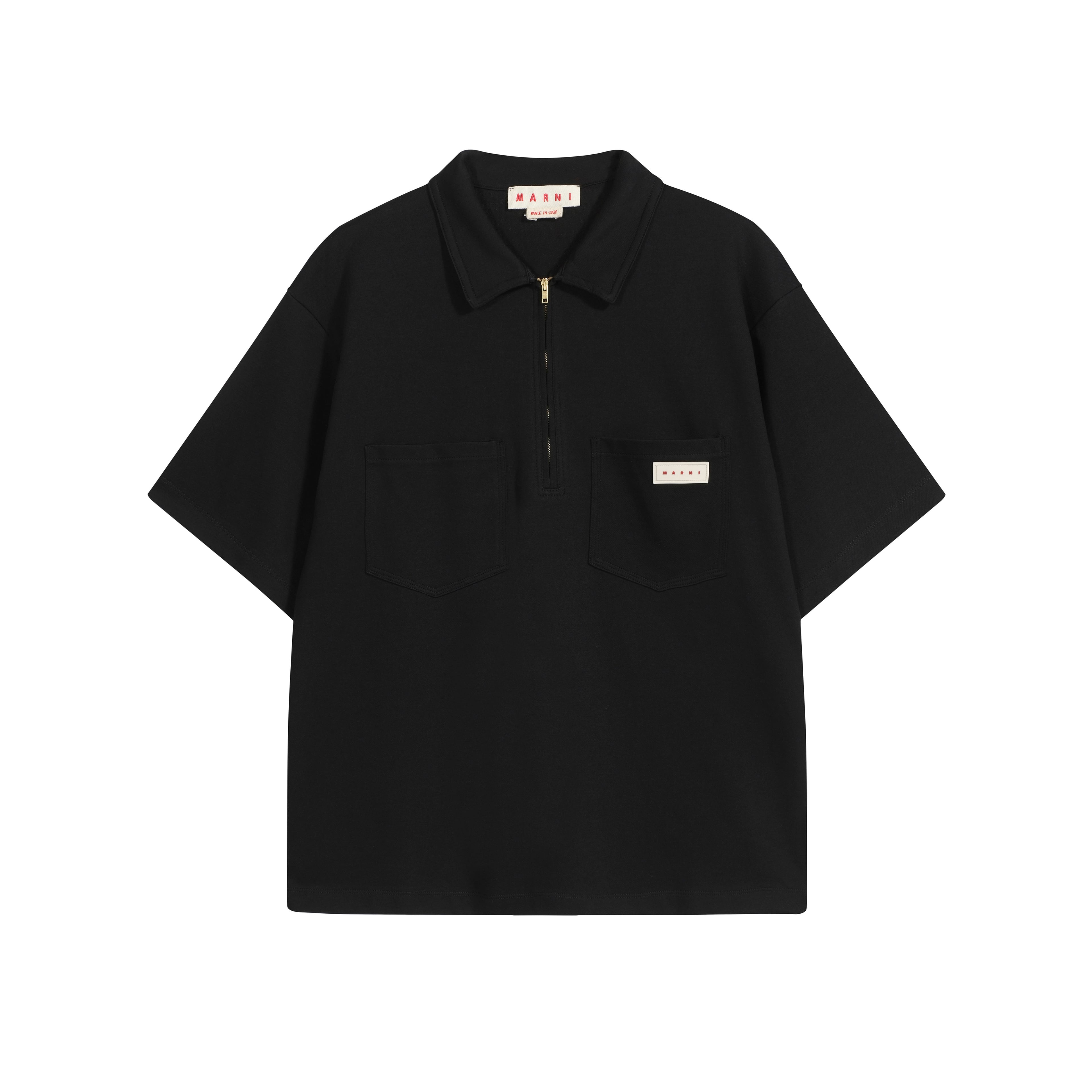 MARNI Black Knit Quarter-Zip Polo Shirt w/ Patch Pockets