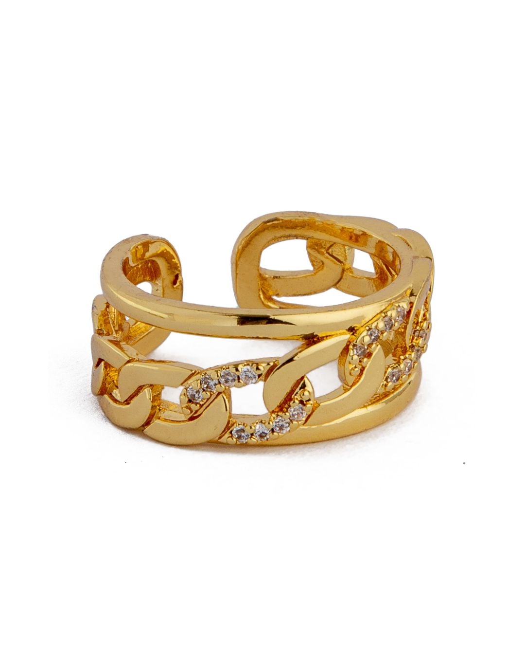 Stylish adjustable gold Cuban chain ring with crystals for men and women