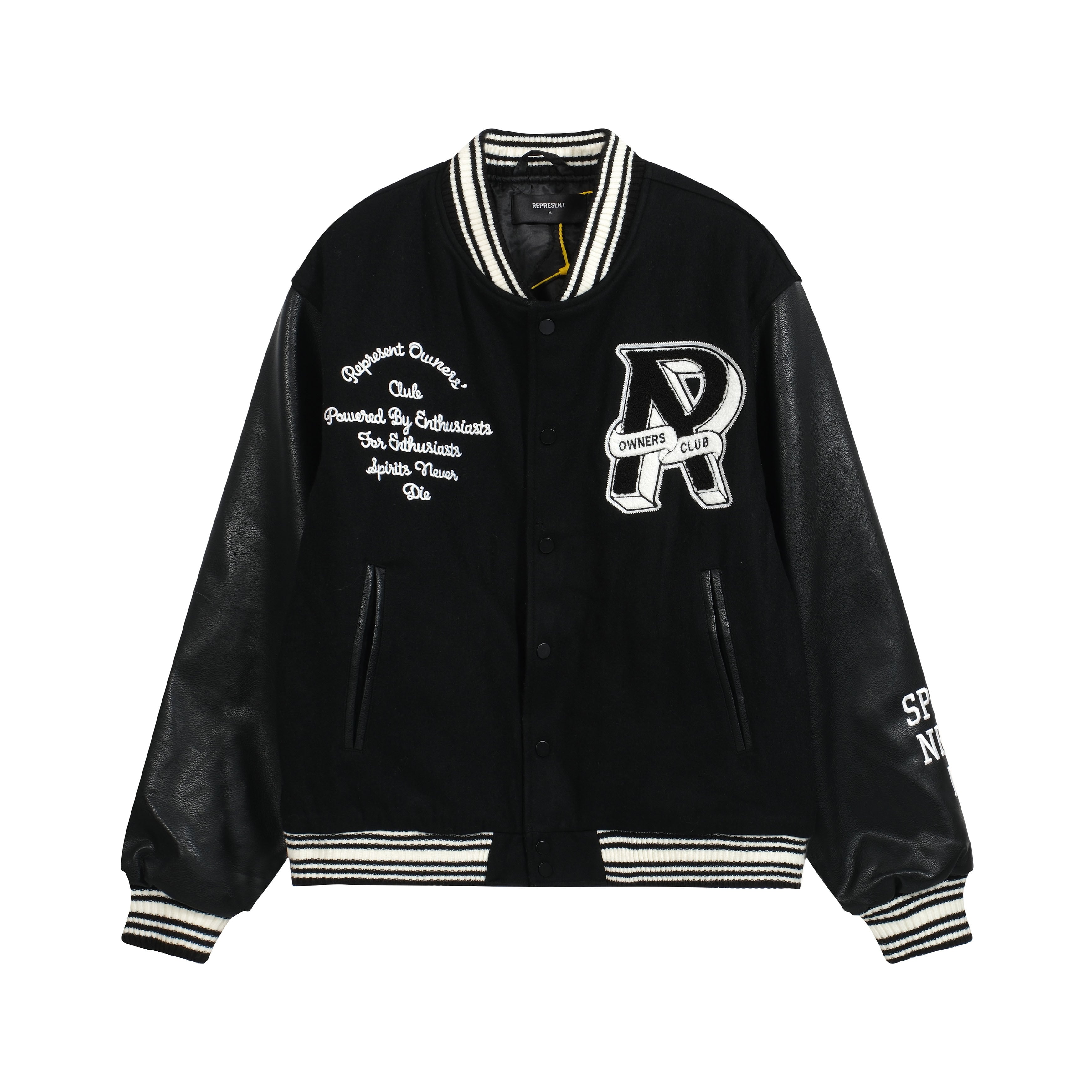 Represent Owners Club Black Leather & Wool Varsity Jacket