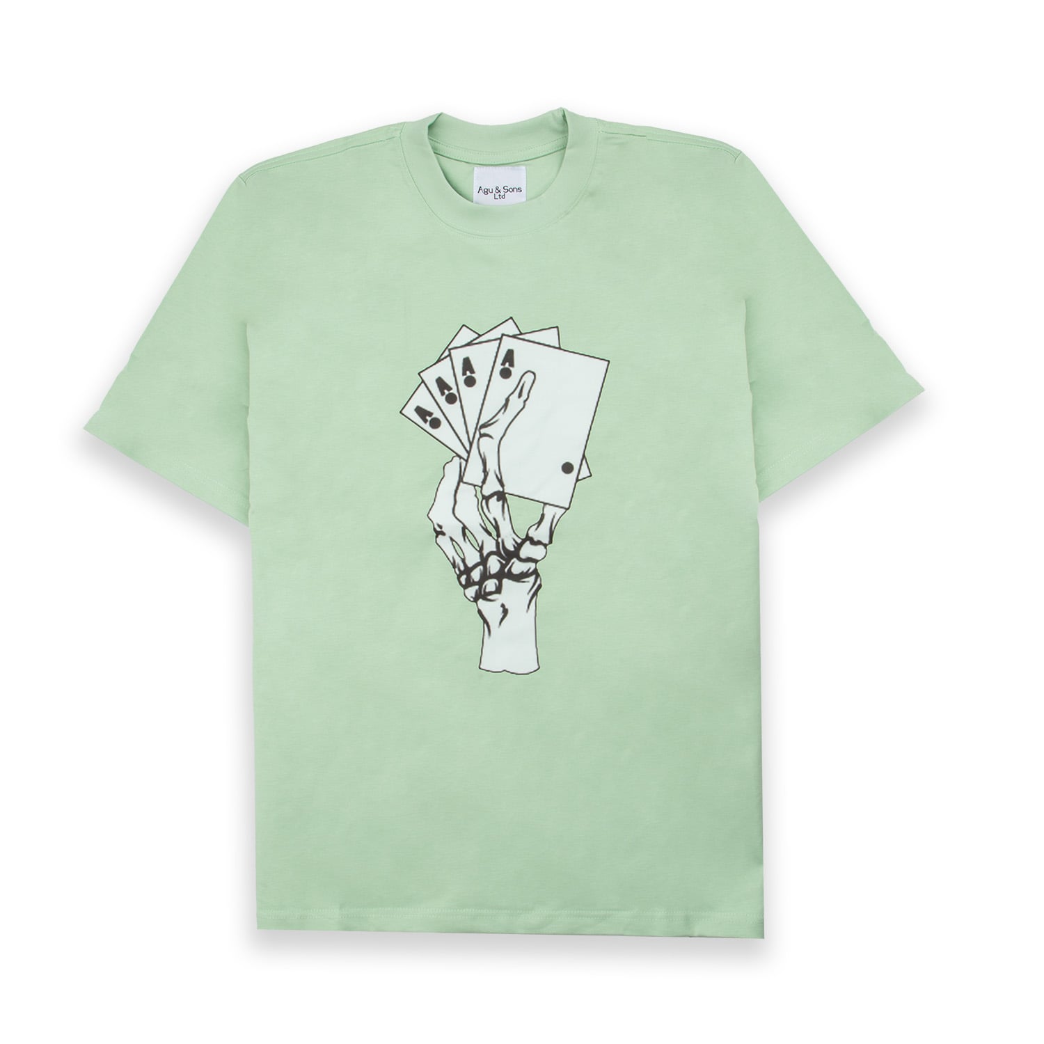 Mint green t-shirt with skeleton hand holding aces graphic. Unique card tee.