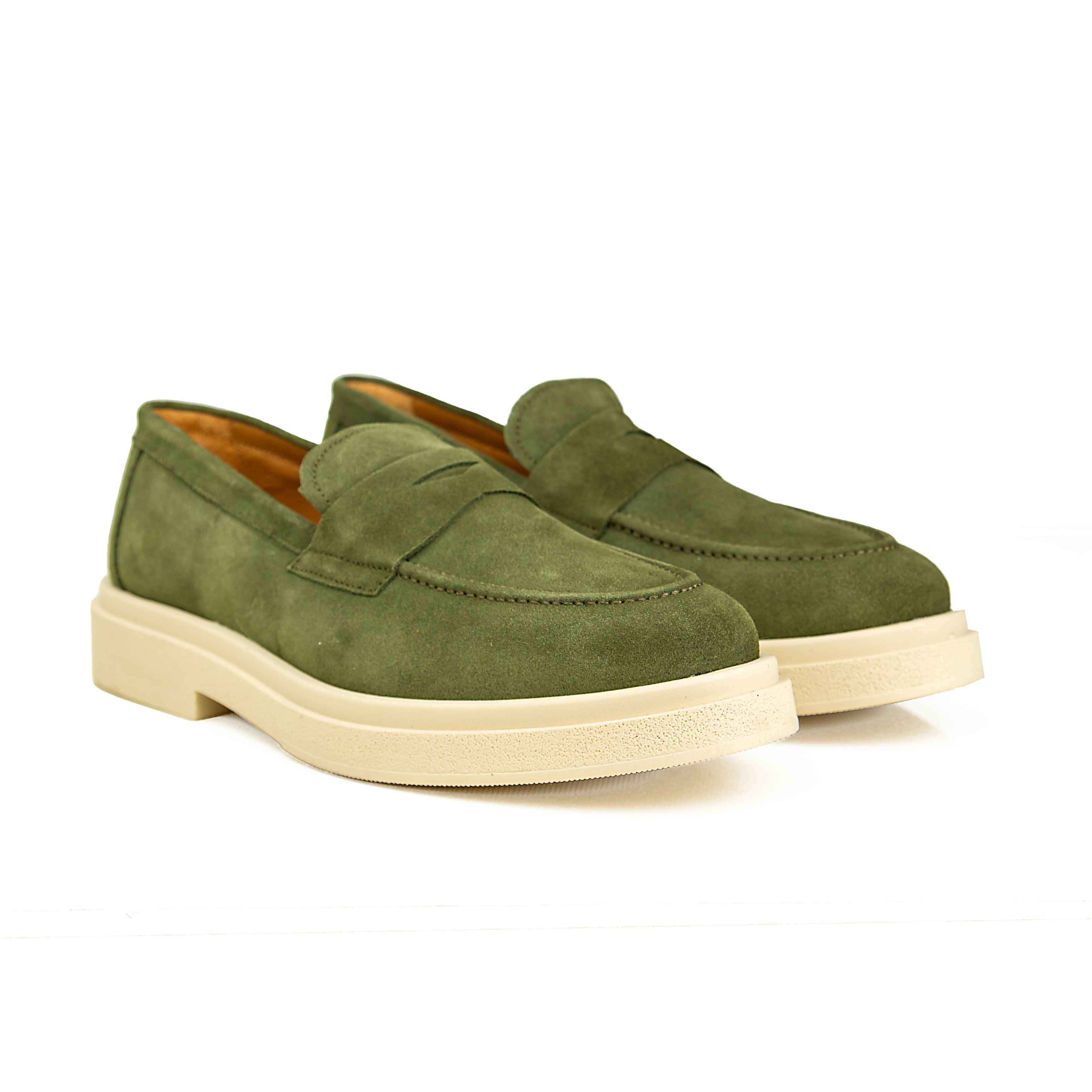 Agu & Sons Ltd olive green suede penny loafers featuring a thick cream platform rubber sole, isolated on a white background.