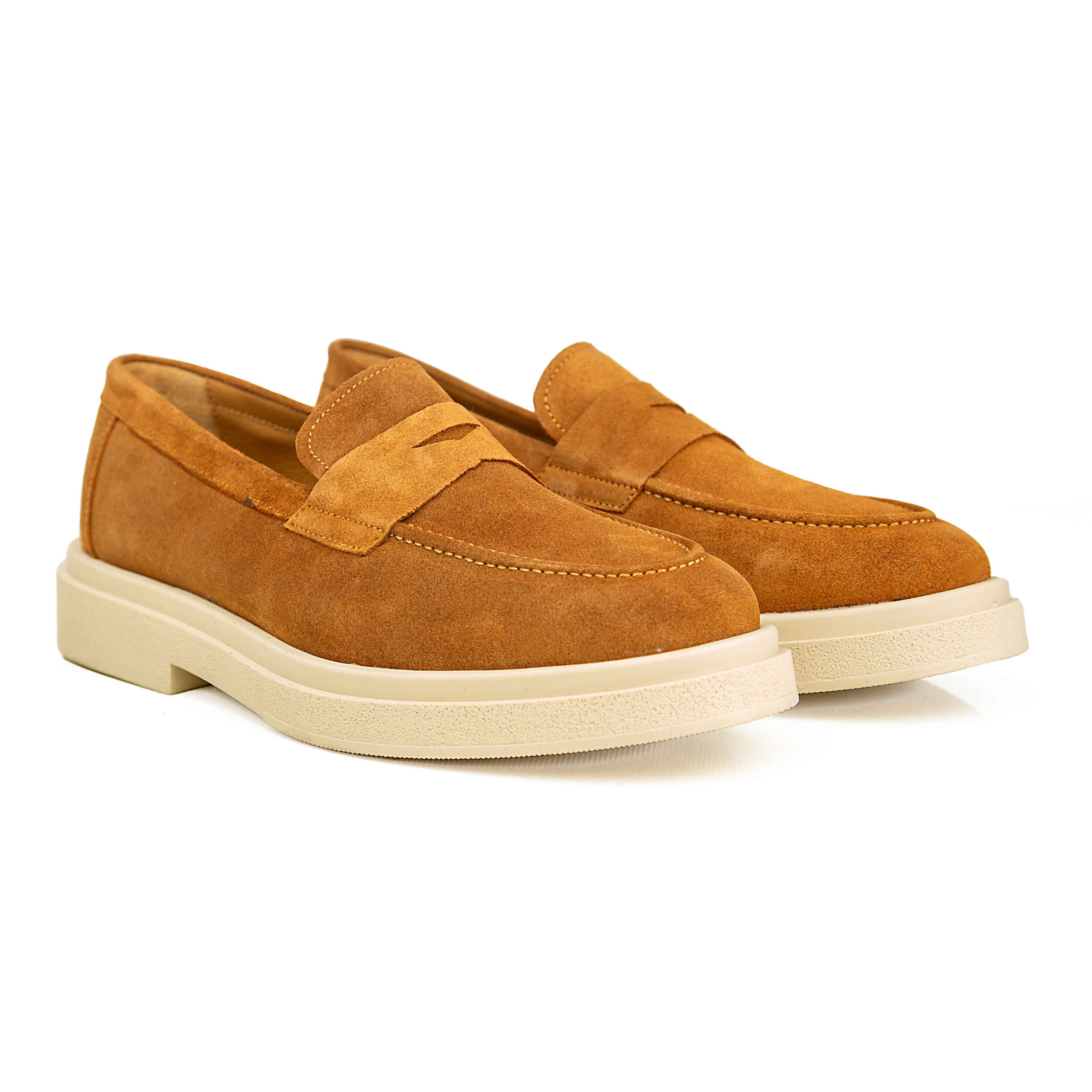 Agu & Sons Ltd tobacco tan suede penny loafers with thick cream-colored chunky rubber soles on a white background.