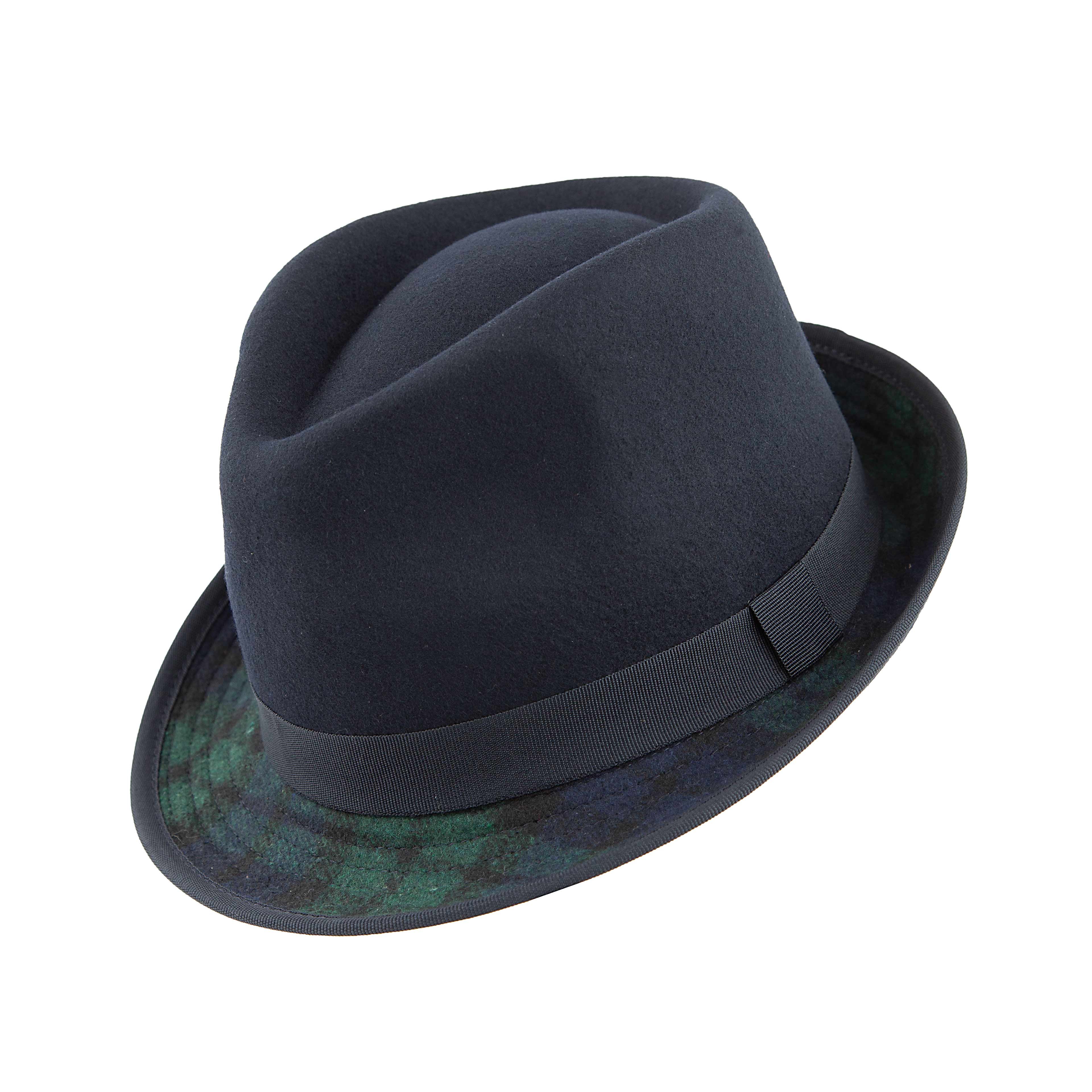 Discover our Navy Wool Fedora featuring a unique green tartan brim.