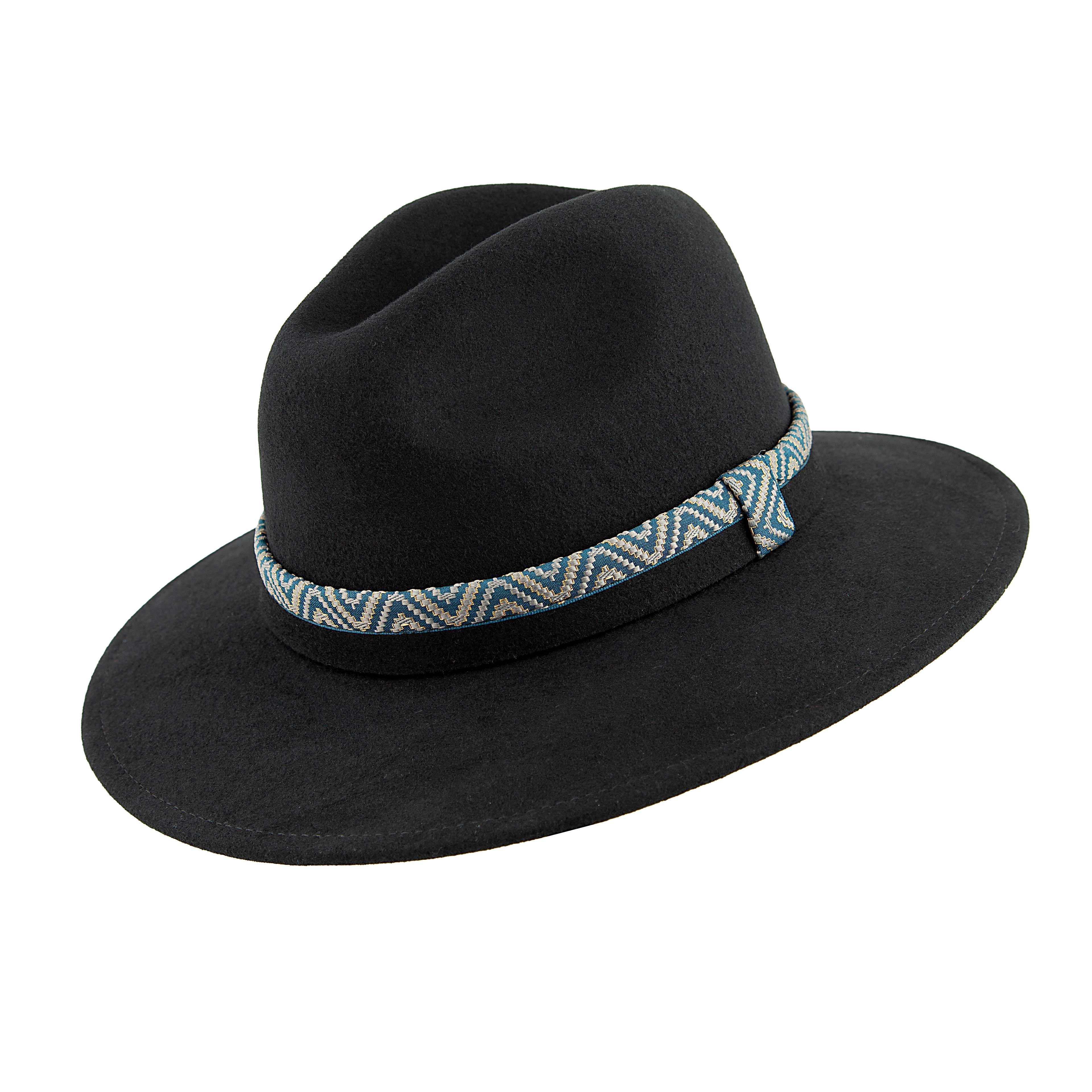 Black Wool Fedora Hat with Turquoise Aztec Woven Band