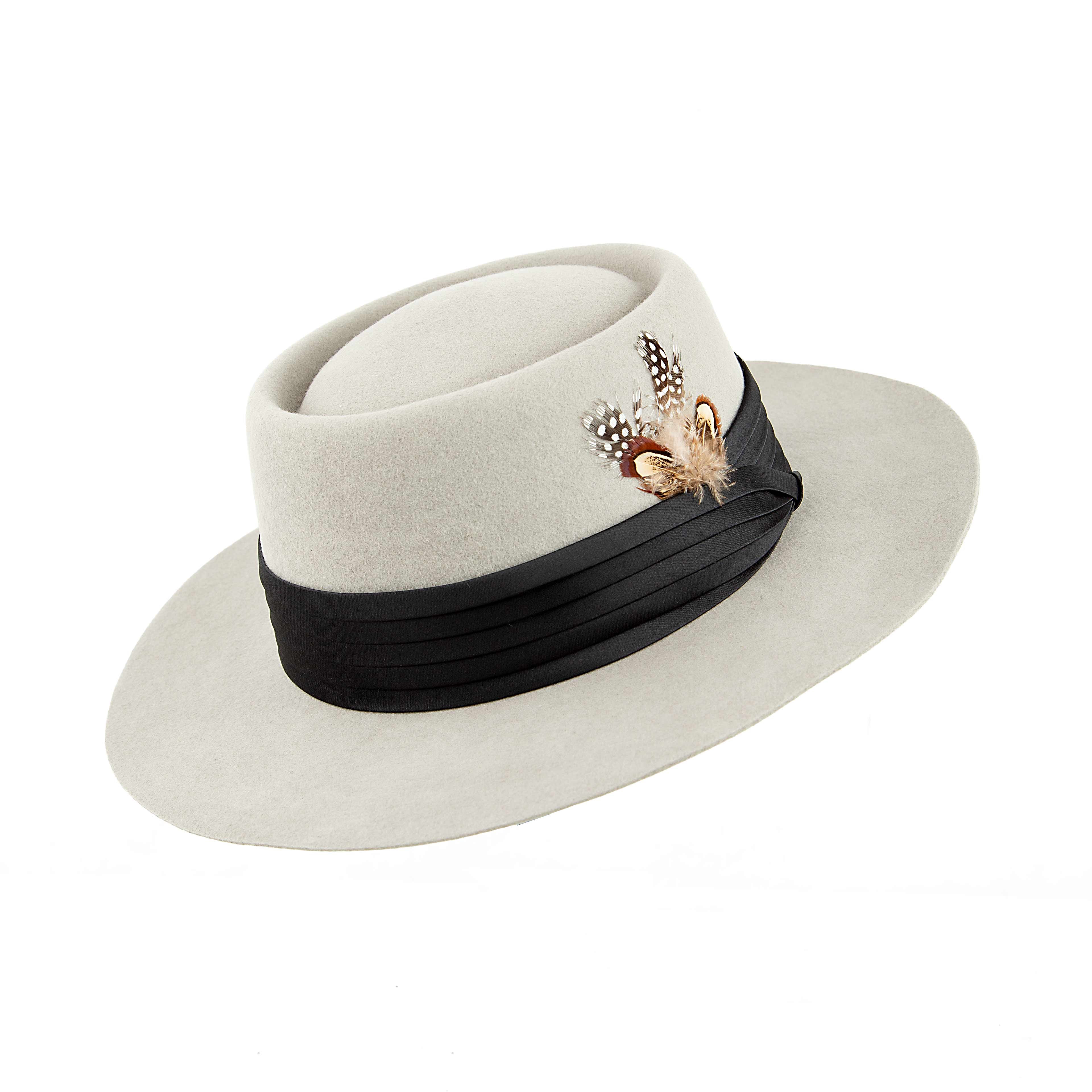 Stone Grey Feathered Pork Pie Hat | Wide Brim Boater