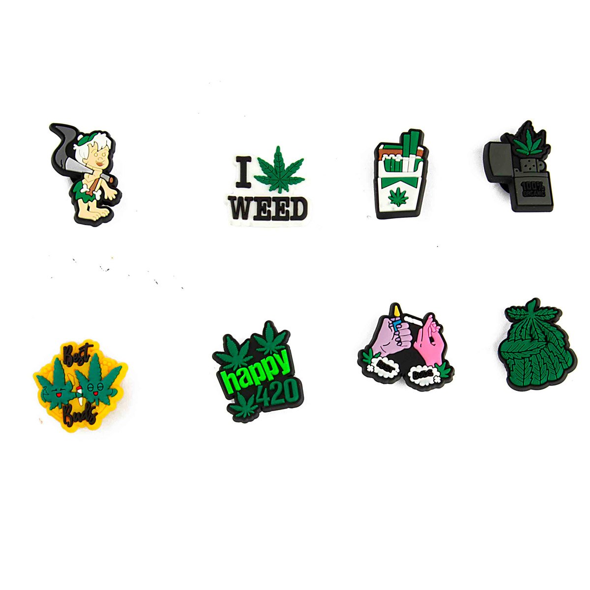 Customize your Crocs with this 8-pack of bold Cannabis / 420 themed Jibbitz! 
