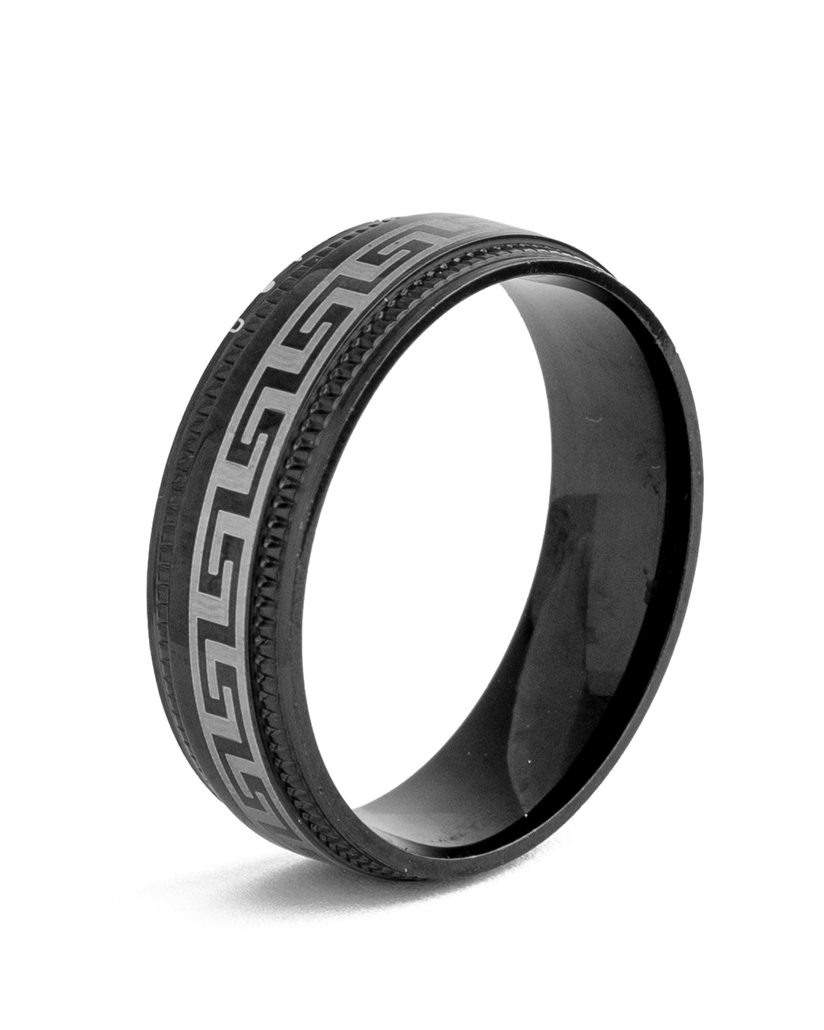 Black titanium steel ring with Greek key pattern, modern unisex band.