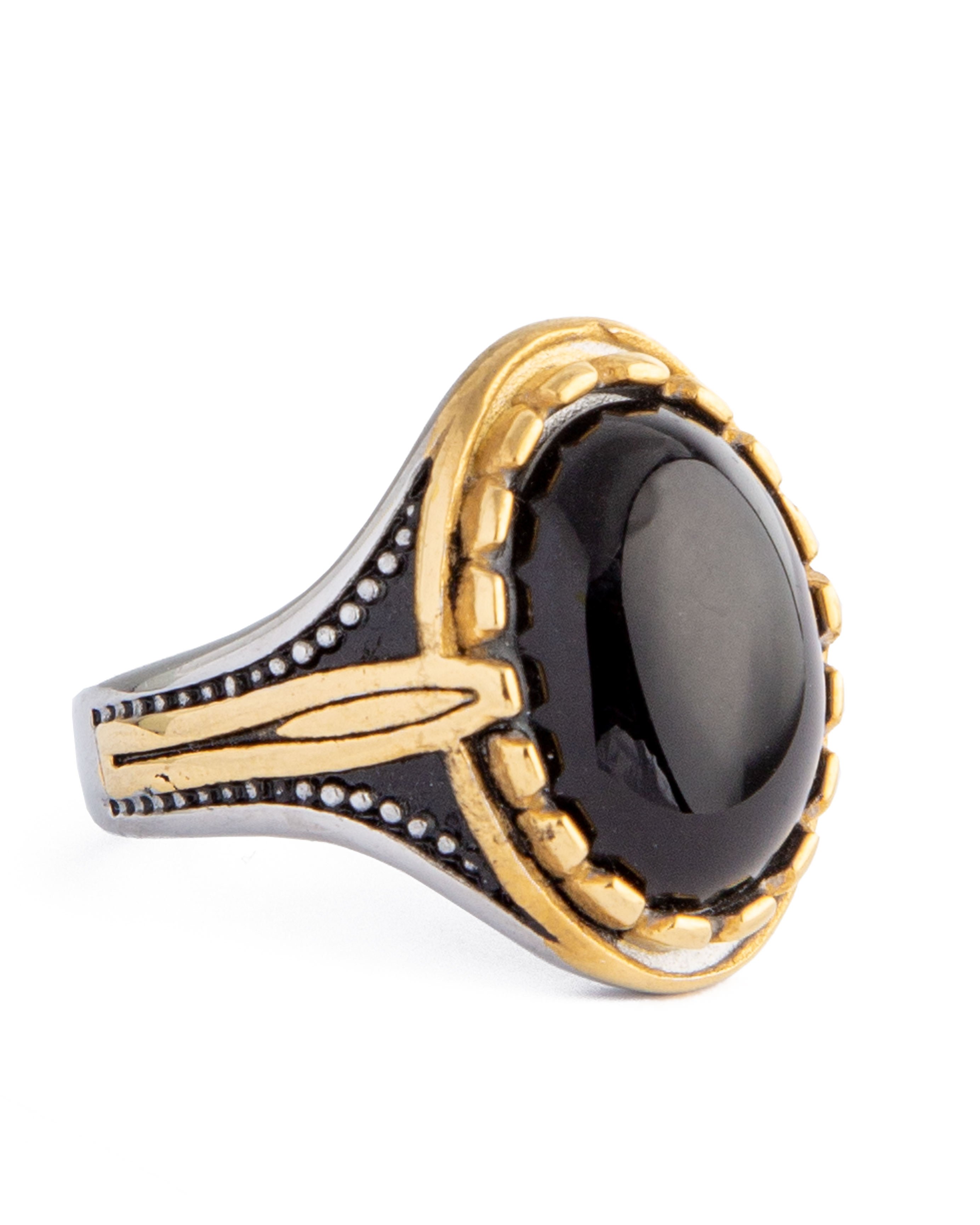 Assur Onyx Ring, black stone with silver and gold metal band, statement ring.