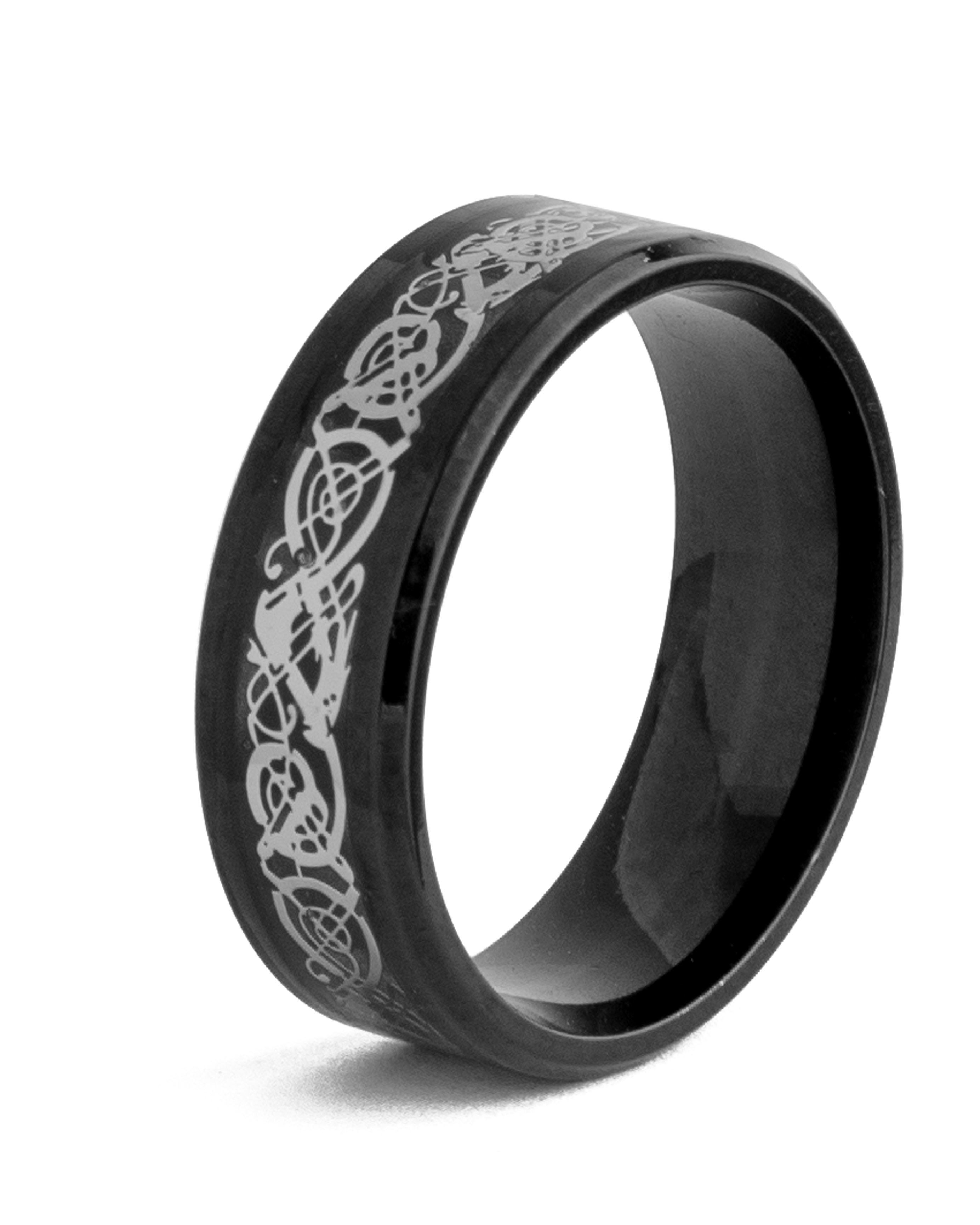 Celtic Dragon Black Tungsten Carbide Ring, men's band with grey laser-etched design.