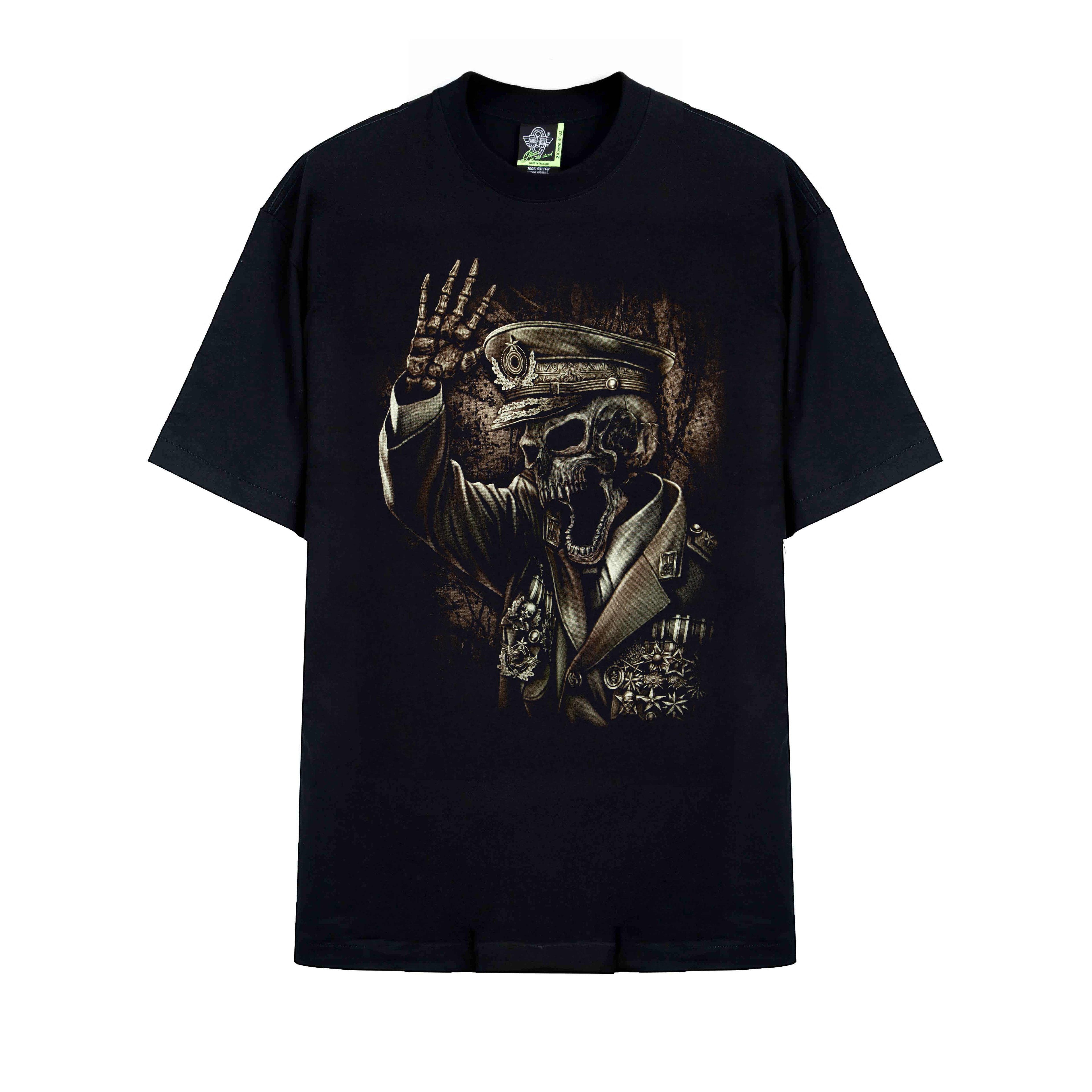 "Rock Eagle black unisex T-shirt featuring a detailed skeleton general graphic – gothic military streetwear style"