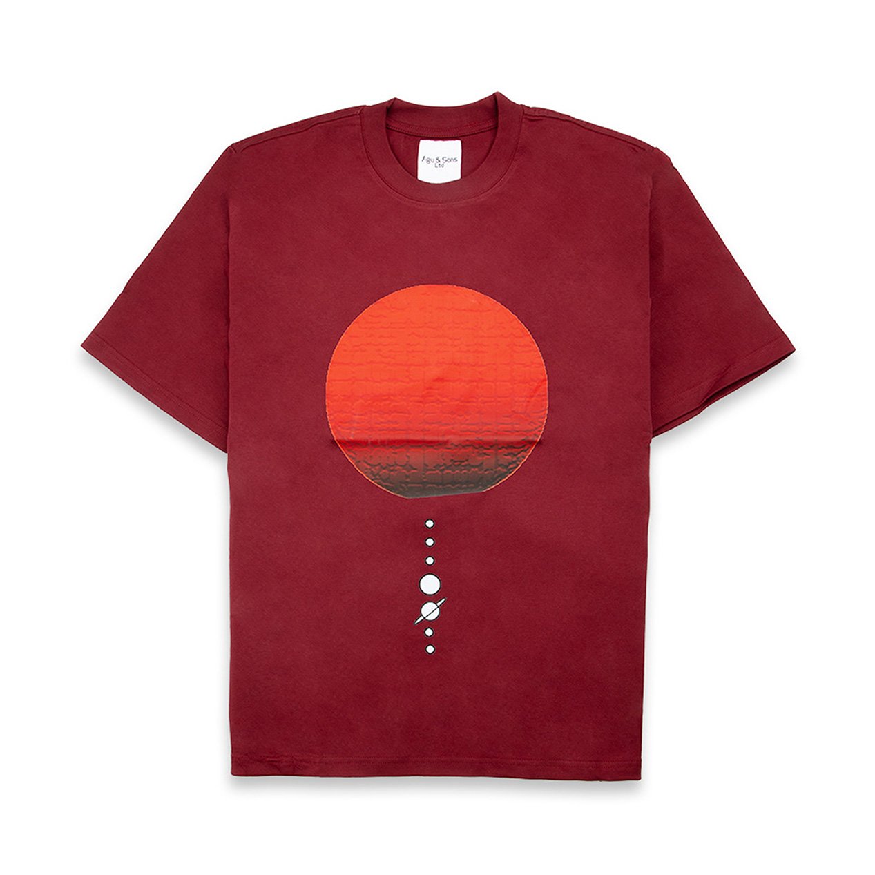 Maroon t-shirt with red sun and planets graphic. Cosmic art tee.