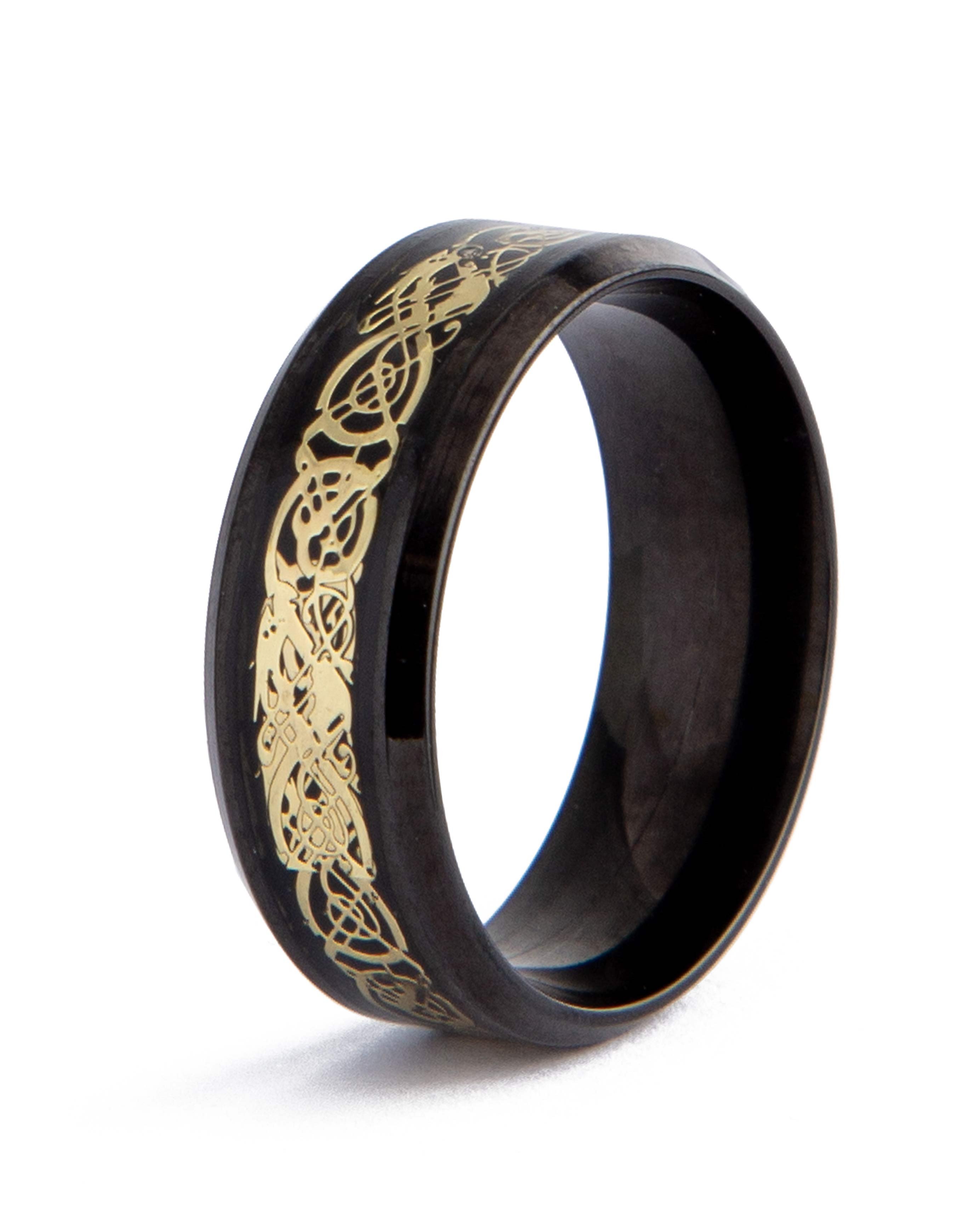Black and Gold Celtic Dragon Tungsten Carbide Ring, men's band with intricate design.