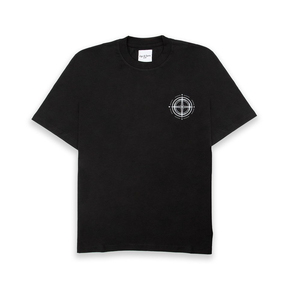 Black t-shirt with white compass graphic. Minimalist tee