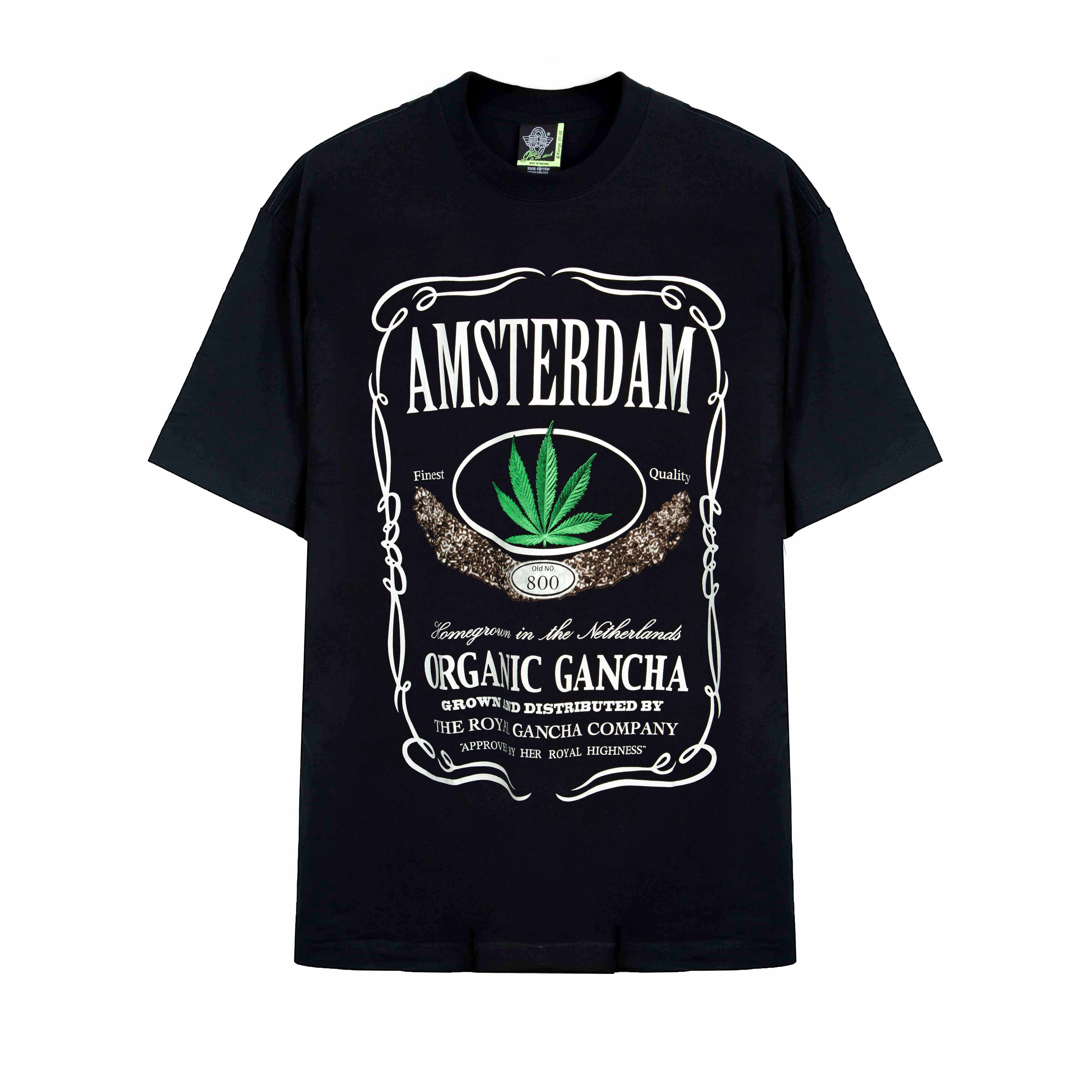 "Rock Eagle black unisex T-shirt with Amsterdam Organic Gancha cannabis leaf graphic"